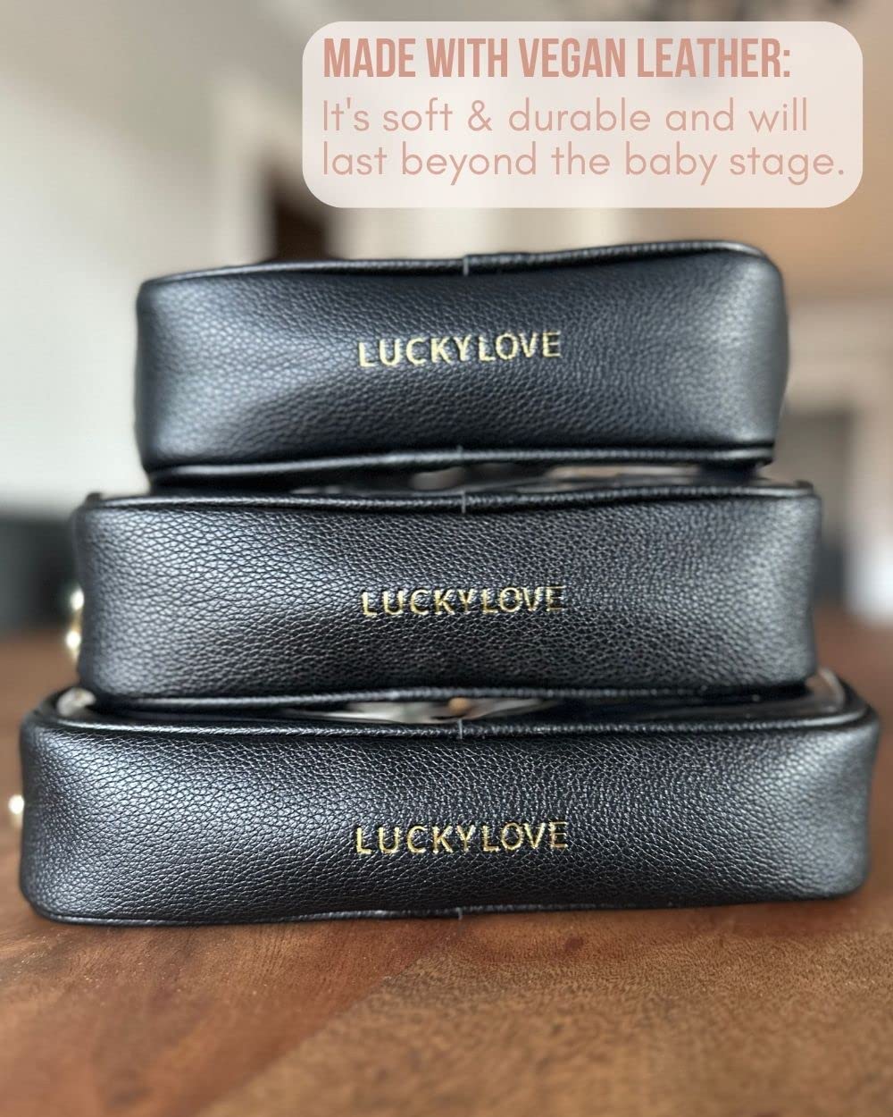 Lucky Love Diaper Bag Organizing Pouches  Set Of 3 Including Diaper Clutch  Dry Wet Bag (Black Clear Trio Pouches Wremovable Tag