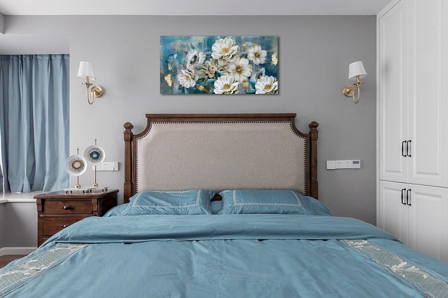 Arjun Flowers Canvas Wall Art White Elegant Modern Picture Gold Foil Rustic Painting Colorful Turquoise Floral  Extra Large Teal Artwork for Living Room Bedroom Dining Room Home Office Decor 60''x30''