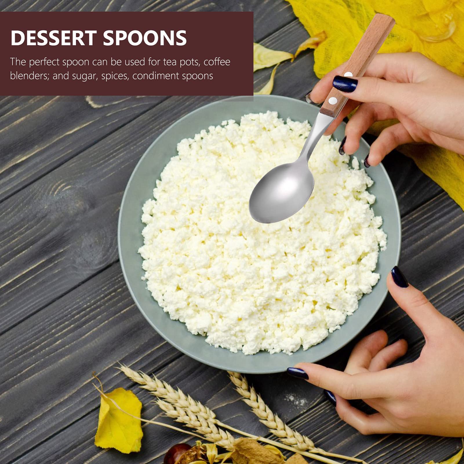 Hemoton 5Pcs Stainless Steel Coffee Spoons Wood Handle Tea Spoons Dessert Ice Cream Cake Tasting Spoon Dinner Spoon For Home Kit