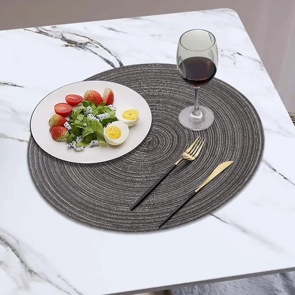 Homedge Round Placemat, Set Of 4 Braided Washable Table Mats 15 Inches-Black&Gray