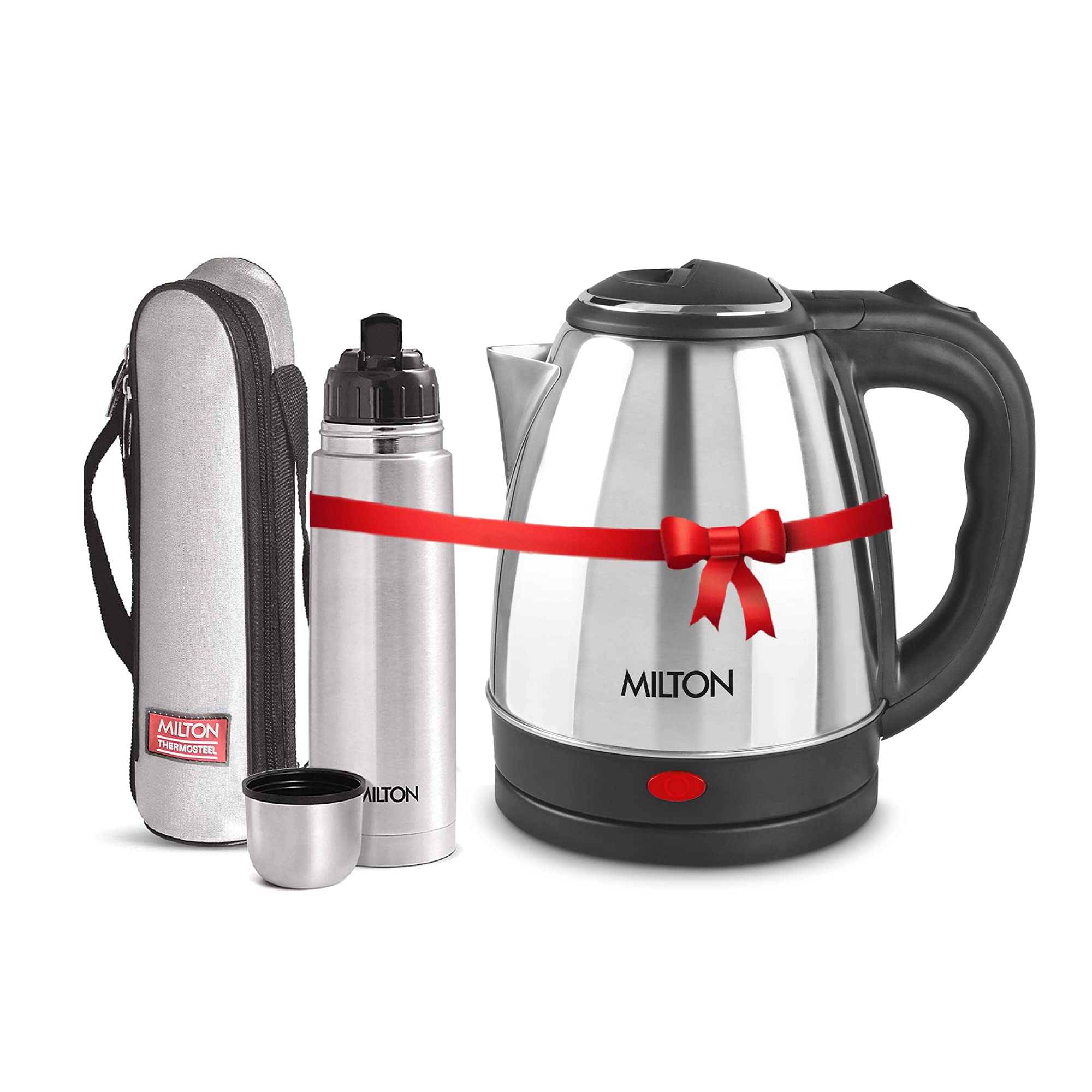 Milton Euroline Combo Set Go Electro Stainless Steel Electric Kettle, 1.5 Litres, Silver And Flip Lid Thermosteel Hot Or Cold St