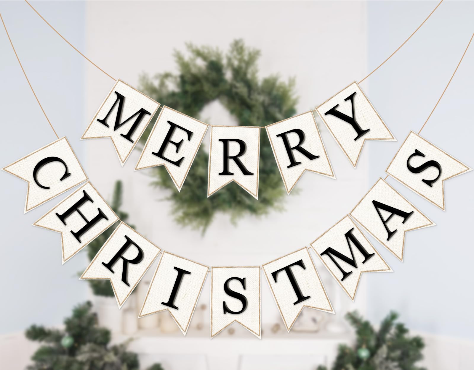 Whaline 2Pcs Christmas Burlap Banner Felt Merry Christmas Banner Black White Pre-Assembled Xmas Bunting Garland For Home Party H