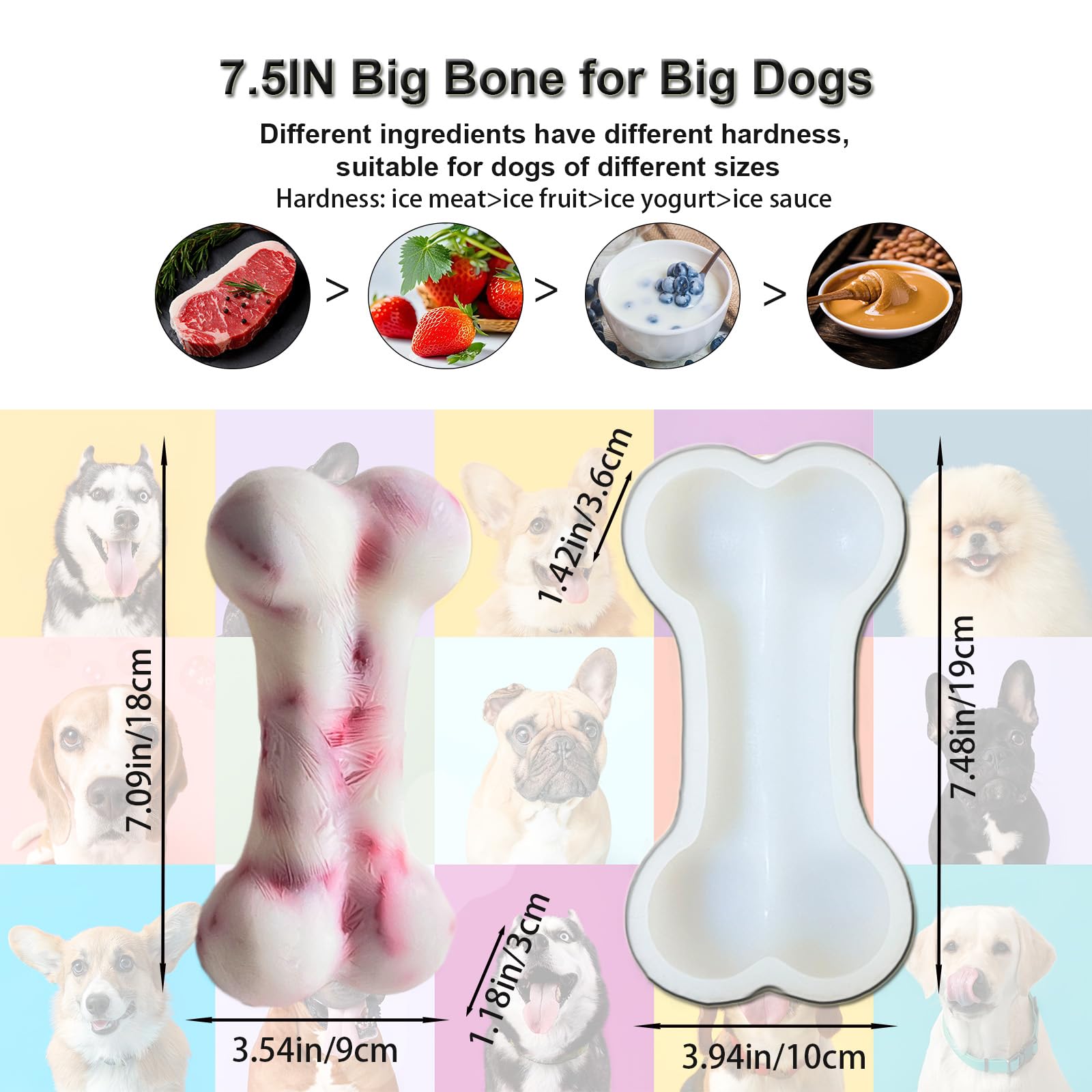 SIUPER 7.5IN Big Bone Dog Cat Treat Mold 1 Pack, DIY Flavors for Puppy. Food Safe Silicone for Oven. Large Ice Cube Mold for Pet