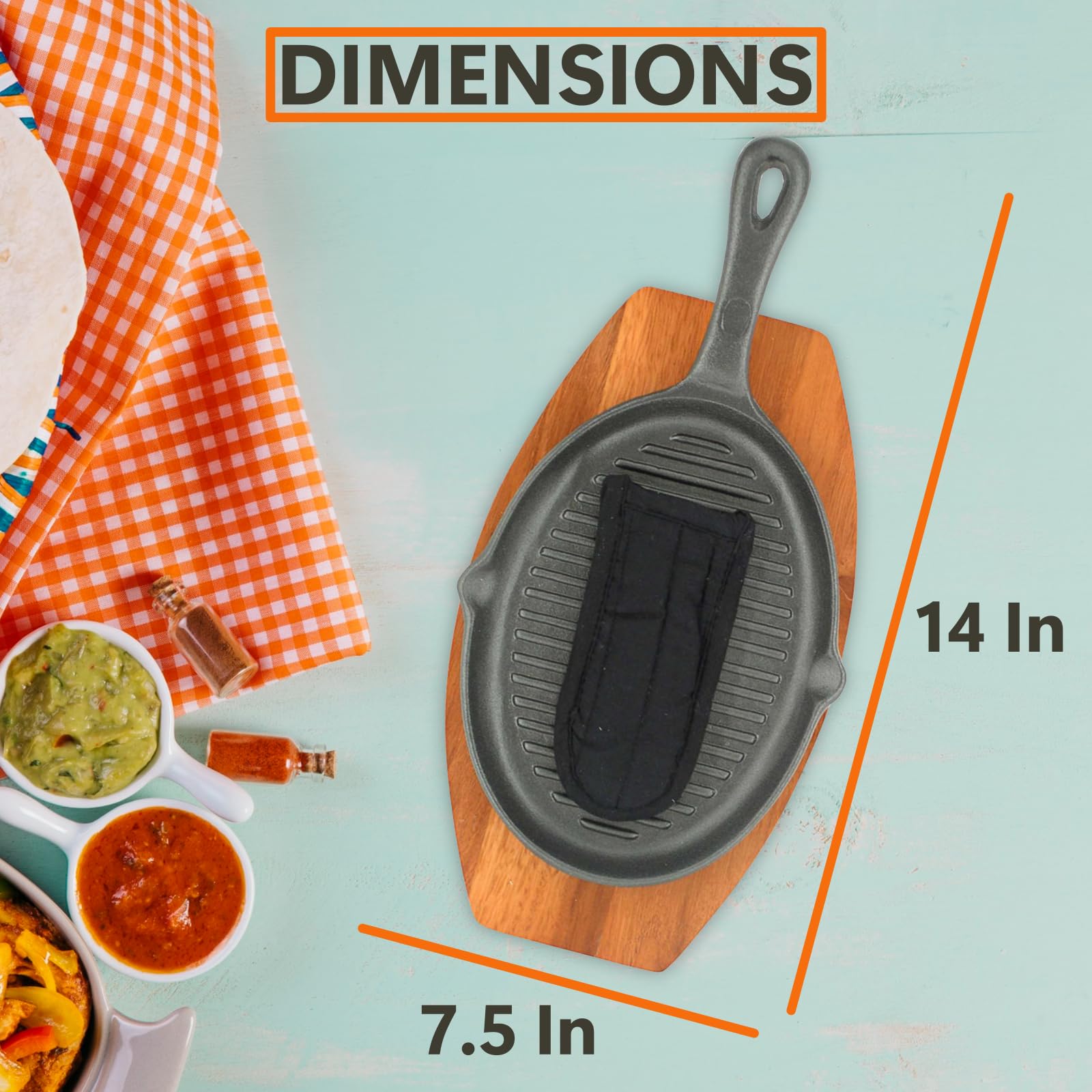 Mr. Bar-B-Q Cast Iron Fajita Skillets Set, Pre-Seasoned Non-Stick Sizzling Plate, Wooden Base W/Cloth Handle, Sizzler Steak Plat