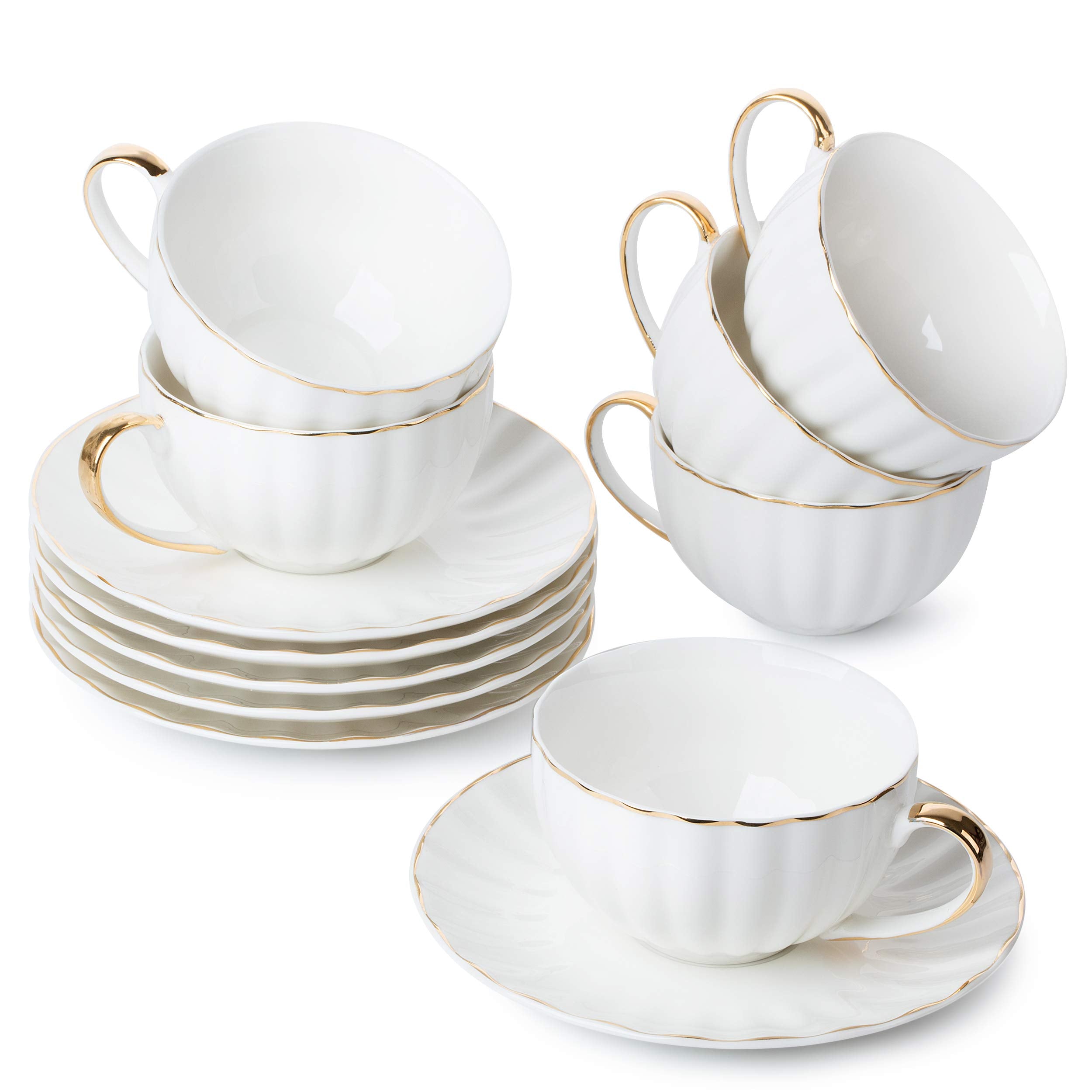 BTaT- White Tea Cups and Saucers Set of 6 (7 oz), Porcelain White Tea Cup Set with Golden Trim Design, Dishwasher Safe, Christma