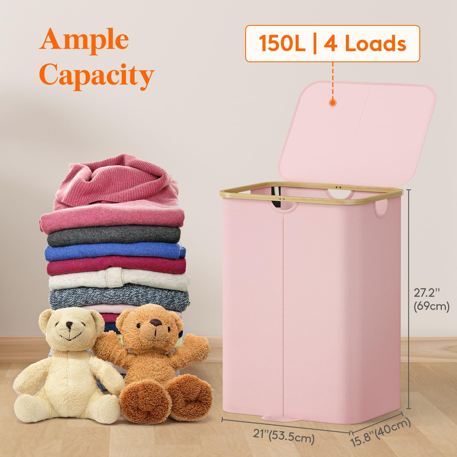 Lifewit 150L Double Laundry Hamper With Lid, Large Dual Laundry Basket Removable Bags, 2 Sections Aesthetic Clothes Hampers For