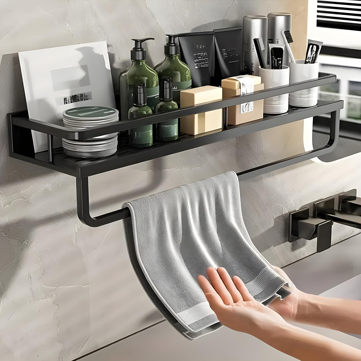 Boniry Multifunctional Bathroom Shelf For Wall  Single Layer Rectangular Organiser With 8 Hooks  Stainless Steel Storage Baske