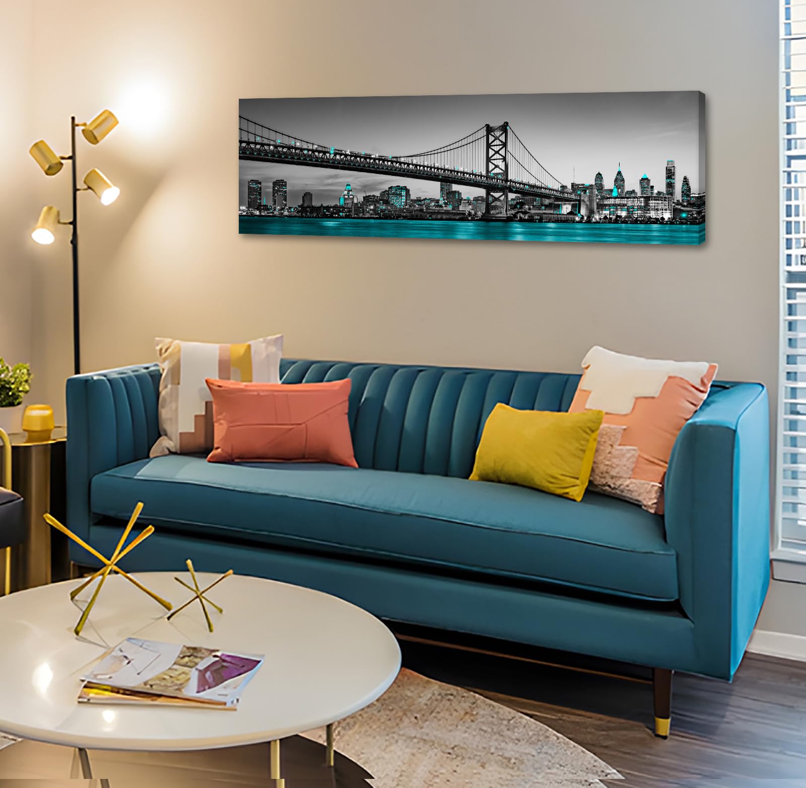 JiazuGo Philadelphia Skyline City Canvas Wall Art Decor 14''x48'' Black and White Aqua Green Teal Panorama Cityscape Pictures Artwork Painting Poster for Bedroom Office Decoration Stretch Framed