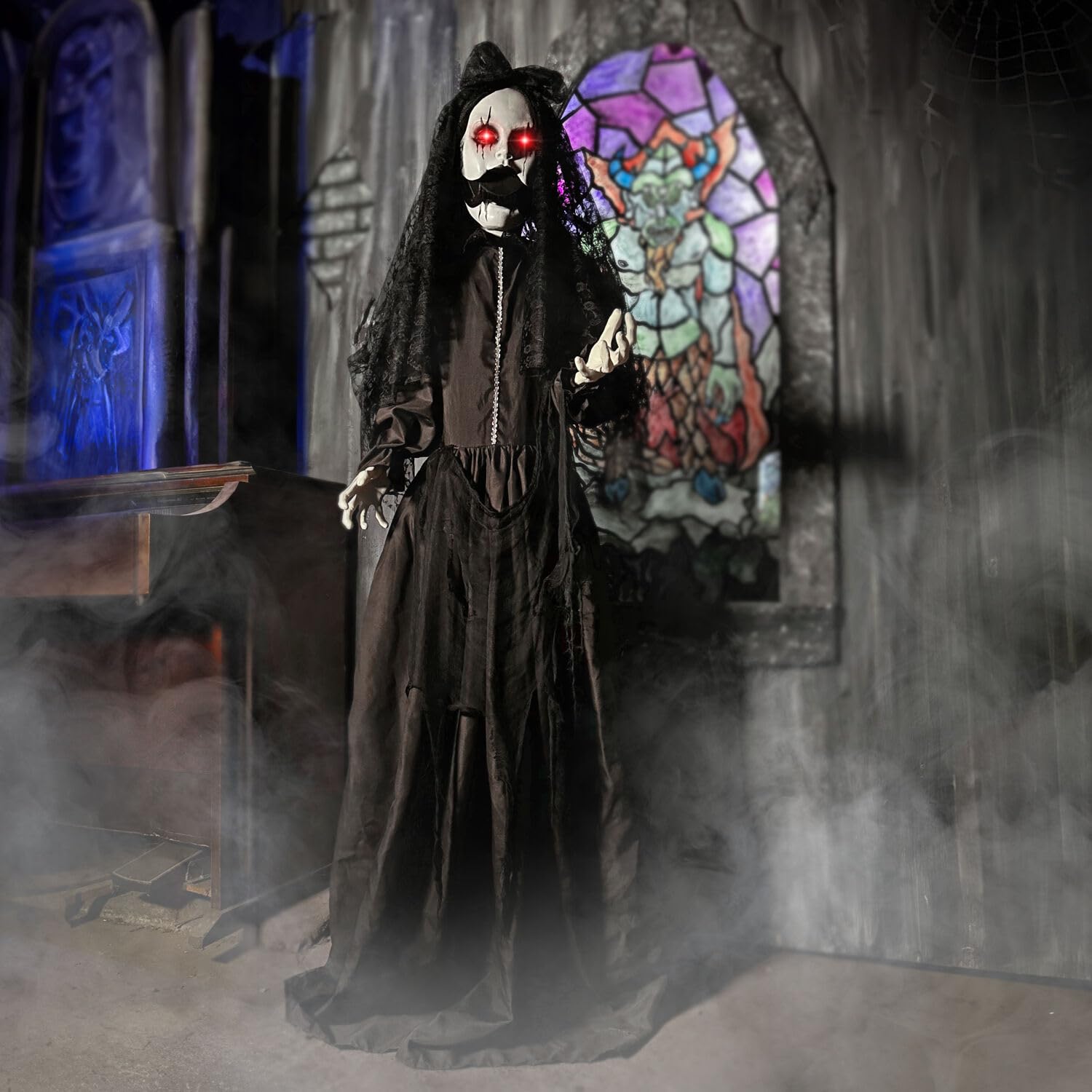 Haunted Hill Farm Lifesize 5.5-Ft Animatronic Scary Demon Bride with Touch Activated Lights and Sound, Battery-Operated Indoor o