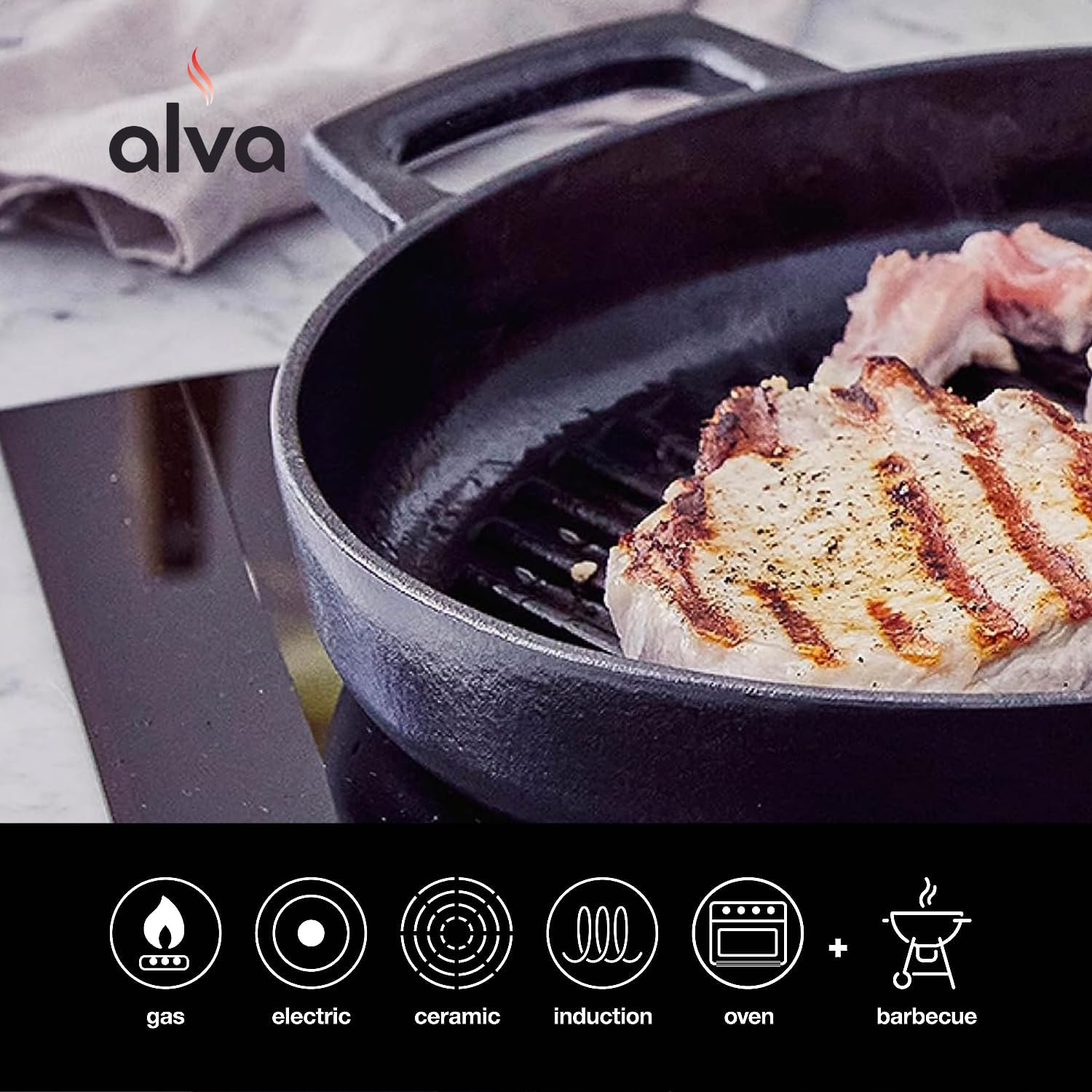 Alva Nori 11" Ceramic Coated Cast Iron Grill Pan - Non-Toxic, PFAS-Free, Induction Safe, Black Griddle for Indoor Cooking