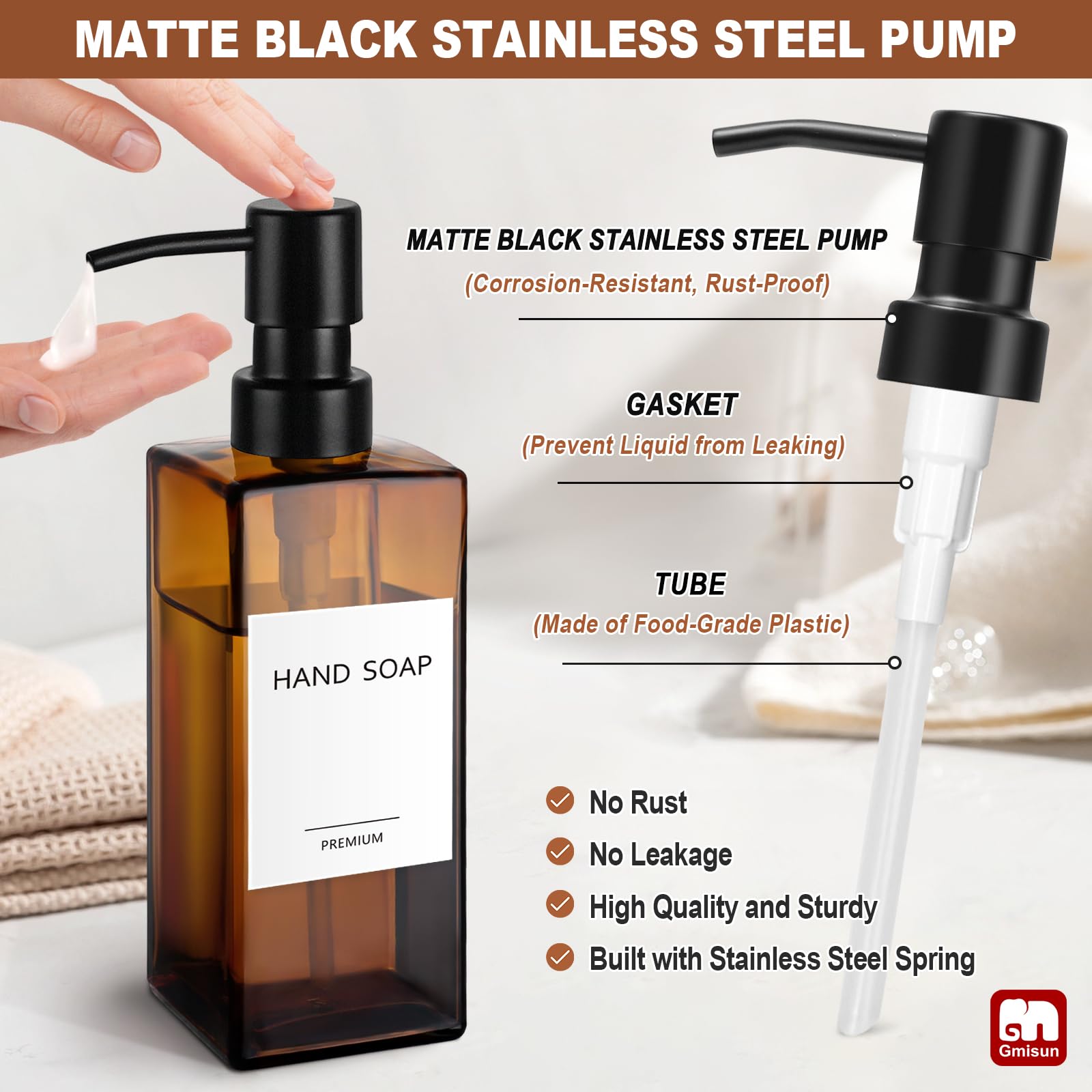 Gmisun Amber Glass Soap Dispenser, 2 Pack Hand Soap Dispenser Bathroom, 12Oz Dish Soap Dispenser Set For Kitchen, Glass Liquid S