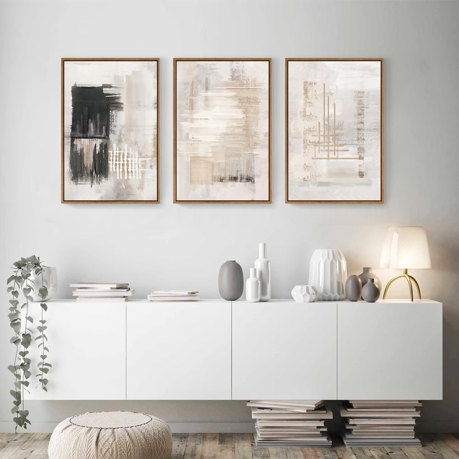 Hpinub Modern Abstract Canvas Wall Art, Set Of 3 Framed Art Prints, Black And White Large Wall Painting, 16X24Inch Neutral Minim