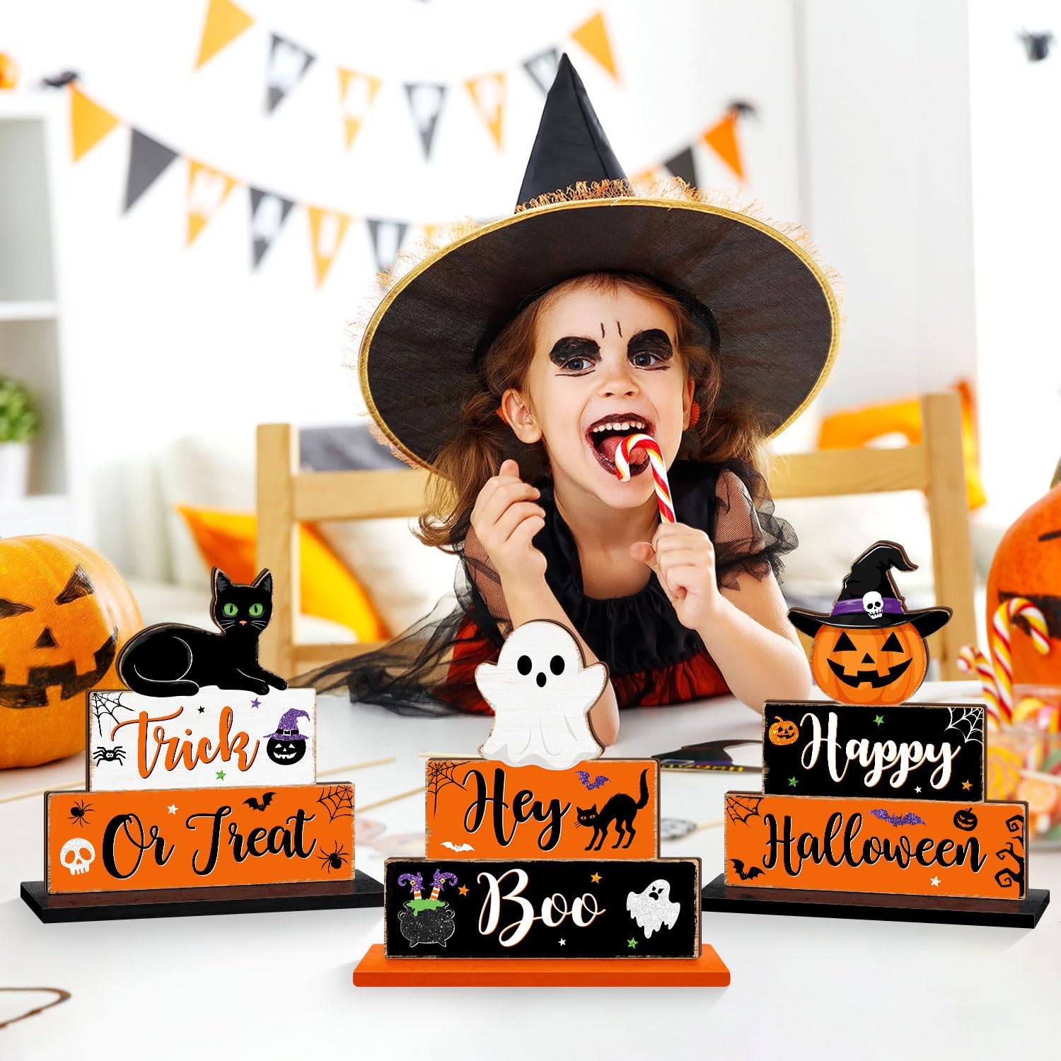 Halloween Table Signs Decorations, 3 PCS Ghost Pumpkin Bat Black Cat Wooden Table Decor, Boo Spooky Happy Halloween Rustic Signs