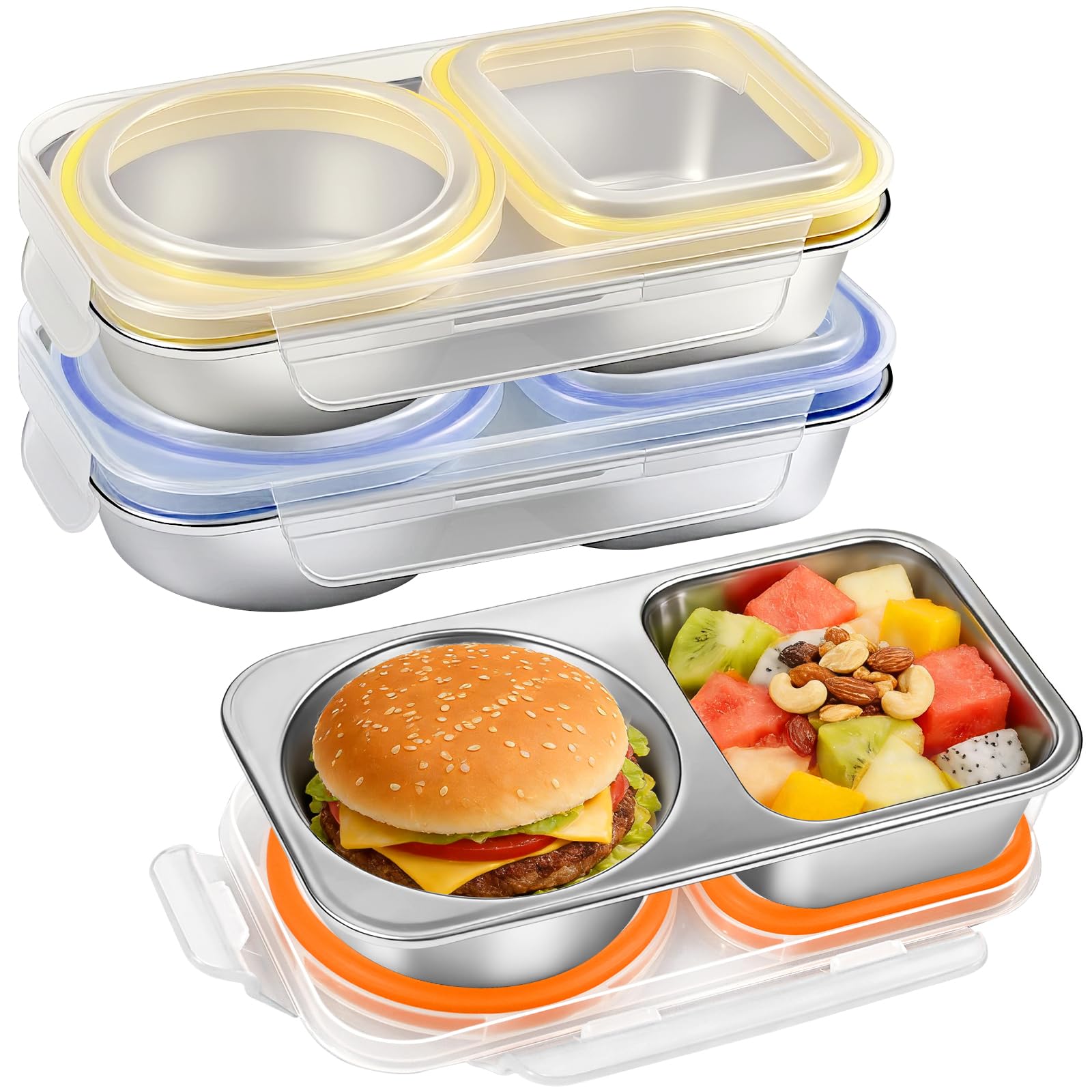 Fruiid 3 Pack Stainless Steel Snack Containers, 2 Compartment Reusable Metal Snack Boxes With Lids Airtight, Leakproof Bento Box