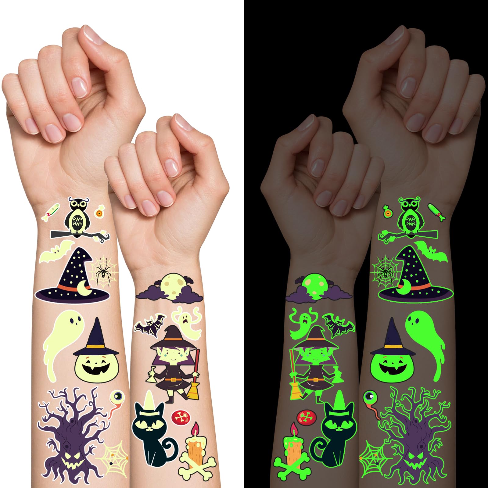 Greingways 500 Styles Halloween Tattoos Party Favors For Kids, Luminous Temporary Tattoos Stickers, Halloween Goodie Bag Fillers