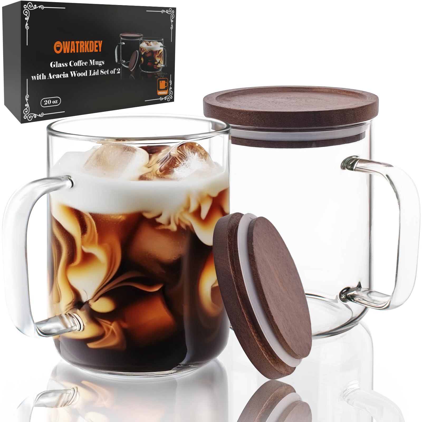 OWATRKDEY Glass Coffee Mugs Cups with Acacia Wood Lid 20 oz, Glass Mug Set of 2, Large Coffee Mug with Handles, Coffee Mugs for 