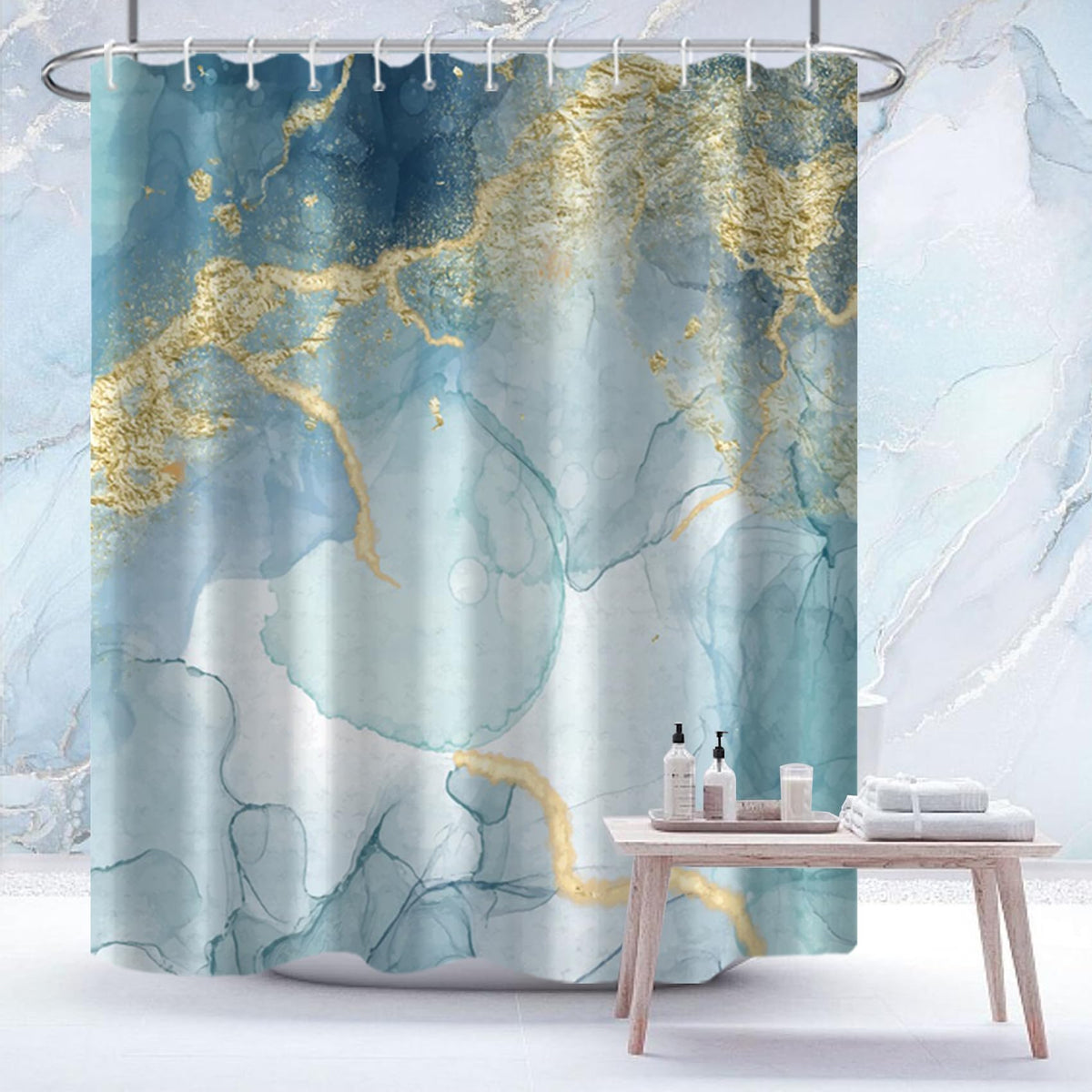 Awert Teal Marble Shower Curtain For Bathroom Waterproof Quick-Drying Modern Abstract Shower Curtain Set With Hooks 72X78 Inch