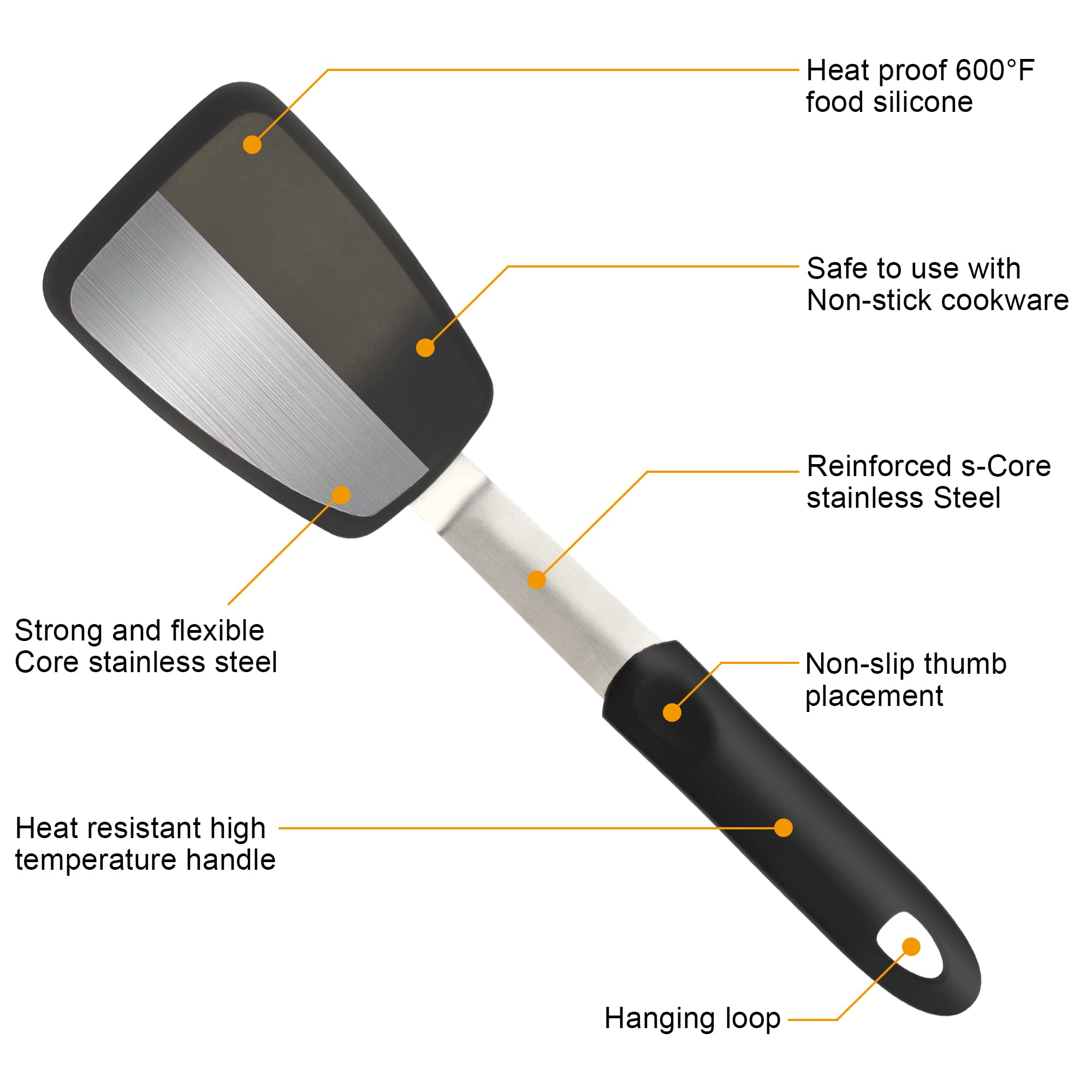 Mepple Flexible Silicone Spatula, Turner, Rubber Cookie Spatula For Flipping Eggs, Burgers, Crepes And Fish, Non-Stick & 600F He