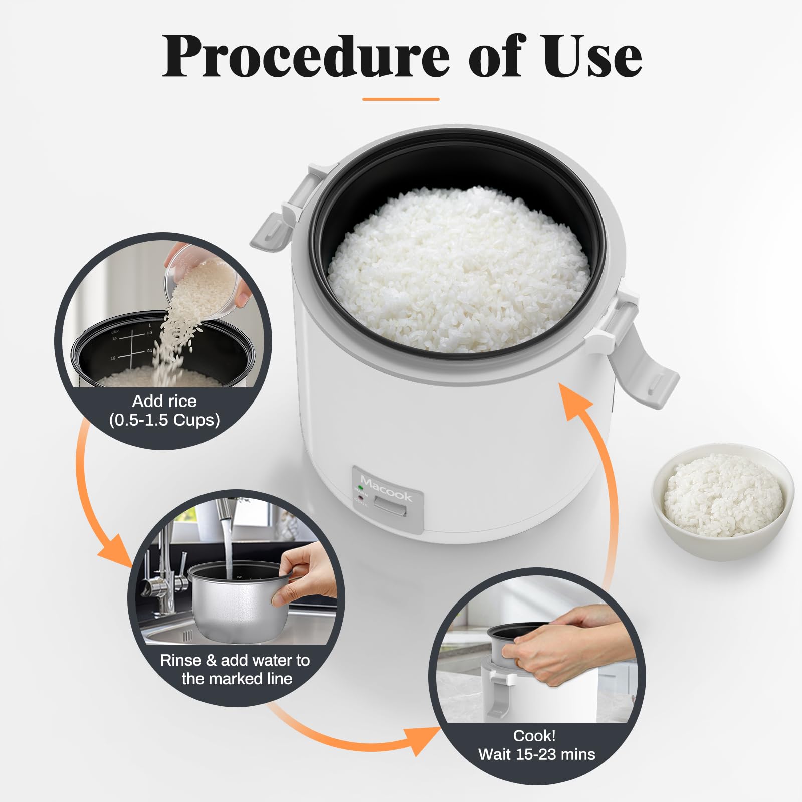 Macook Mini Rice Cooker, 1-1.5 Cups Uncooked, One Touch & Keep Warm, White and Grey, Model CA-Mini RC