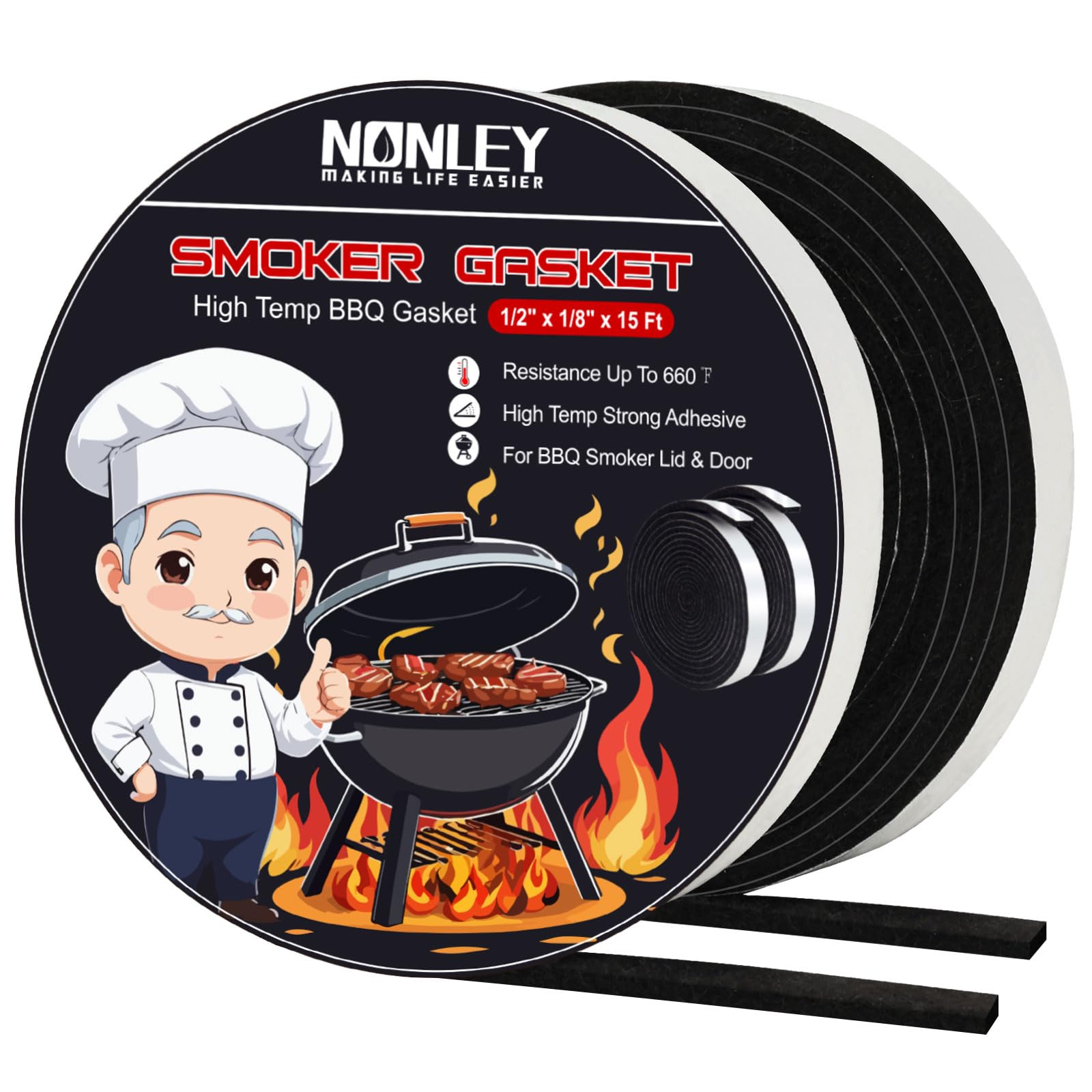 Smoker Gasket Seals  1/2'' x 1/8'' 15 ft High Temp Grill Gasket Replacement Self Stick Felt  High Heat BBQ Gasket Tape for Smokers BBQ Lid Black by Nonley