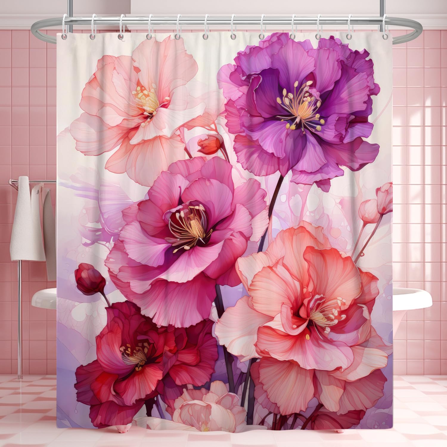 Uiiooazy Pink Shower Curtain For Bathroom Rose Pink Floral Shower Curtain Set With Hooks Abstract Purple Pink Flowers Bathtub De