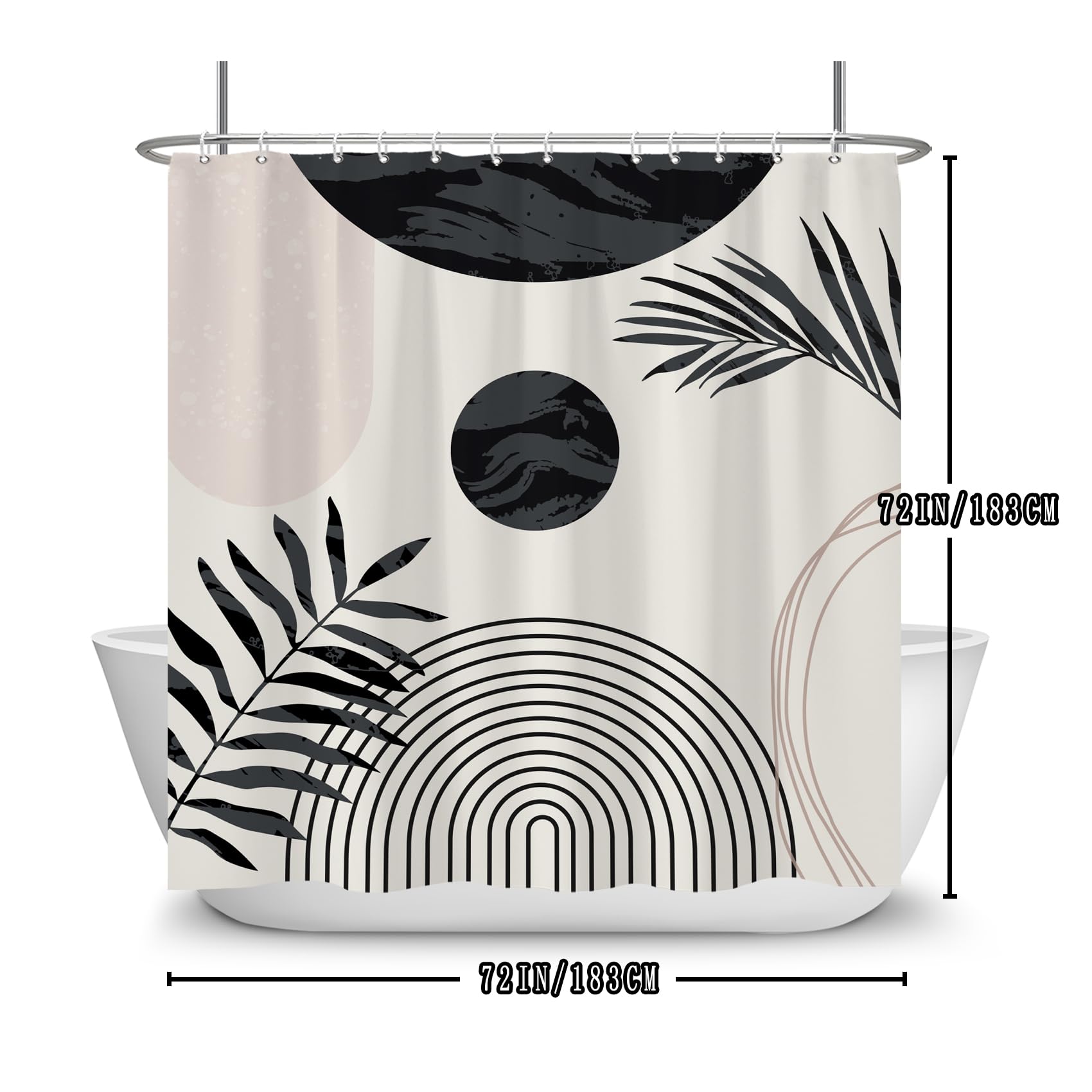 Yanutan Bohemian Shower Curtain, Black Leaves Mid Century Shower Curtain Set For Bathroom, Modern Abstract Minimalist Fabric Bat