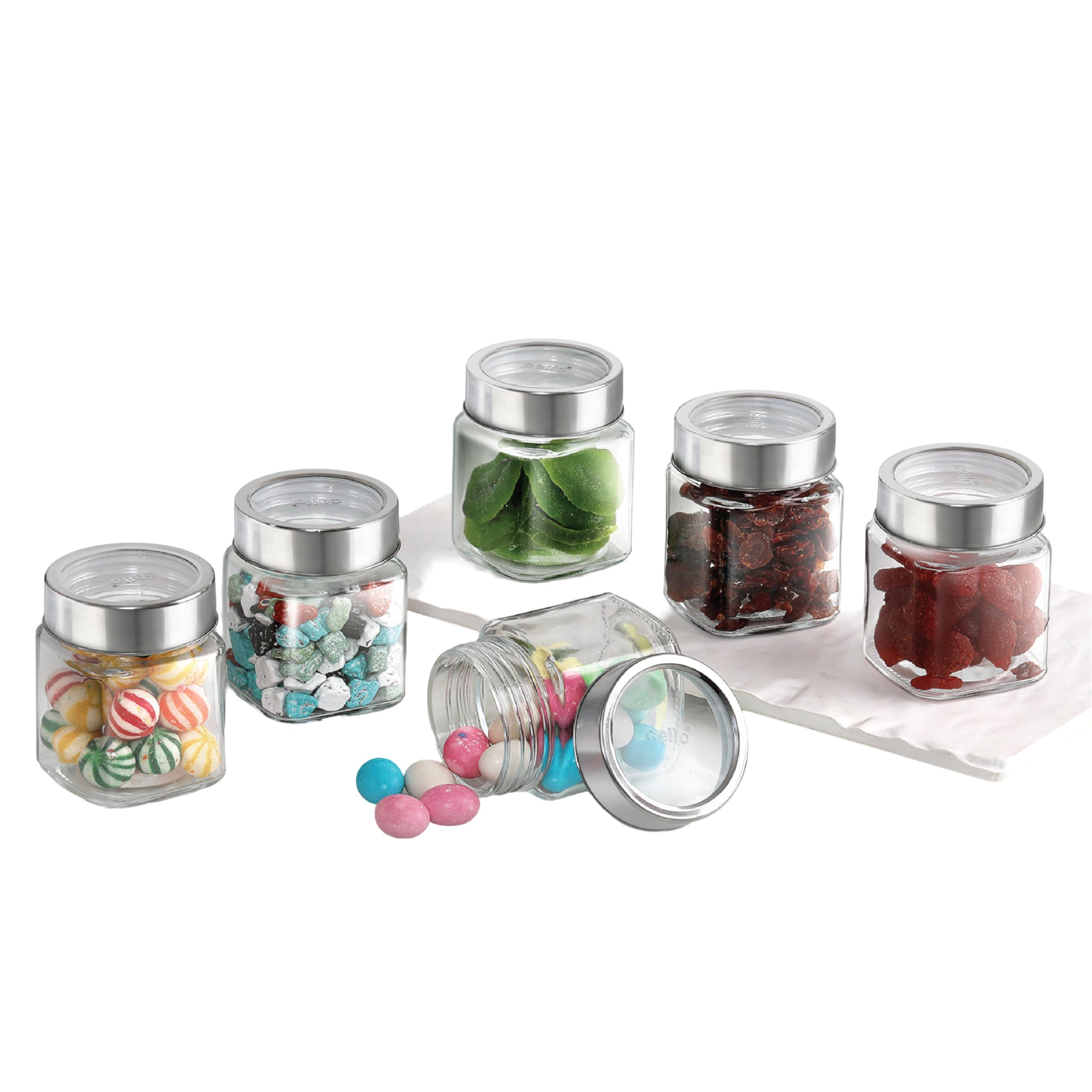 Cello Qube Fresh Glass Storage Jar With See Through Lid Set Of 6, (180 Ml X 6), Transparent | Food Grade, Stackable, Easy Storag