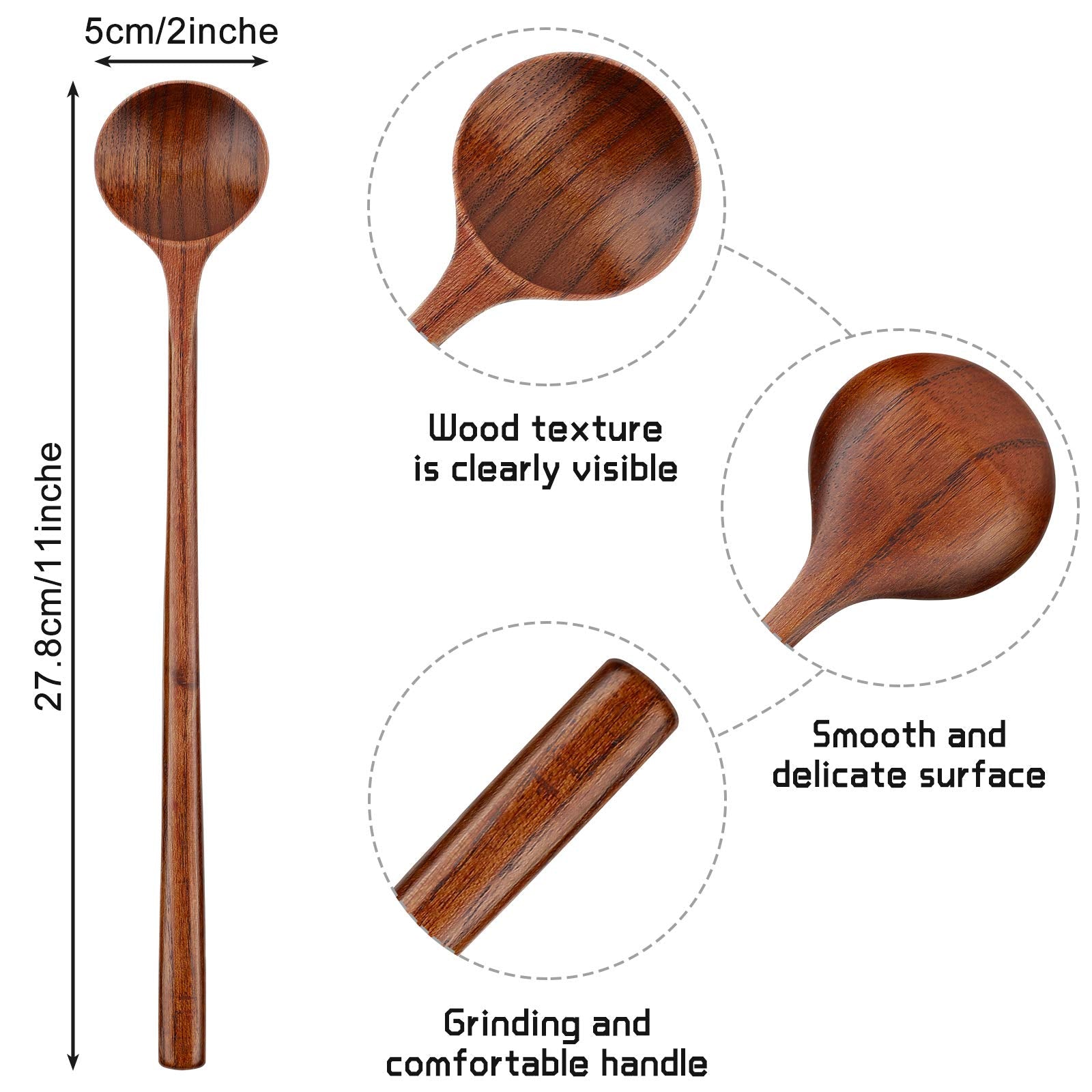 Patelai 6 Pcs 11 Inch Long Spoons Wooden Long Handle Round Spoons Korean Style Soup Spoons For Soup Cooking Mixing Stirring Kitc