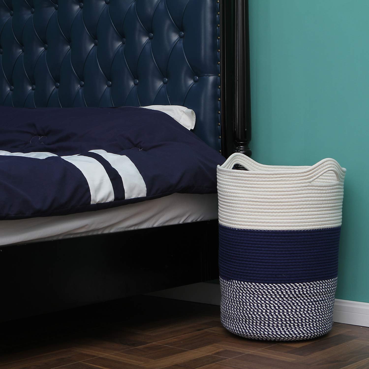 Sea Team Large Size Cotton Rope Woven Storage Basket With Handles, Laundry Hamper, Fabric Bucket, Drum, Clothes Toys Organizer F