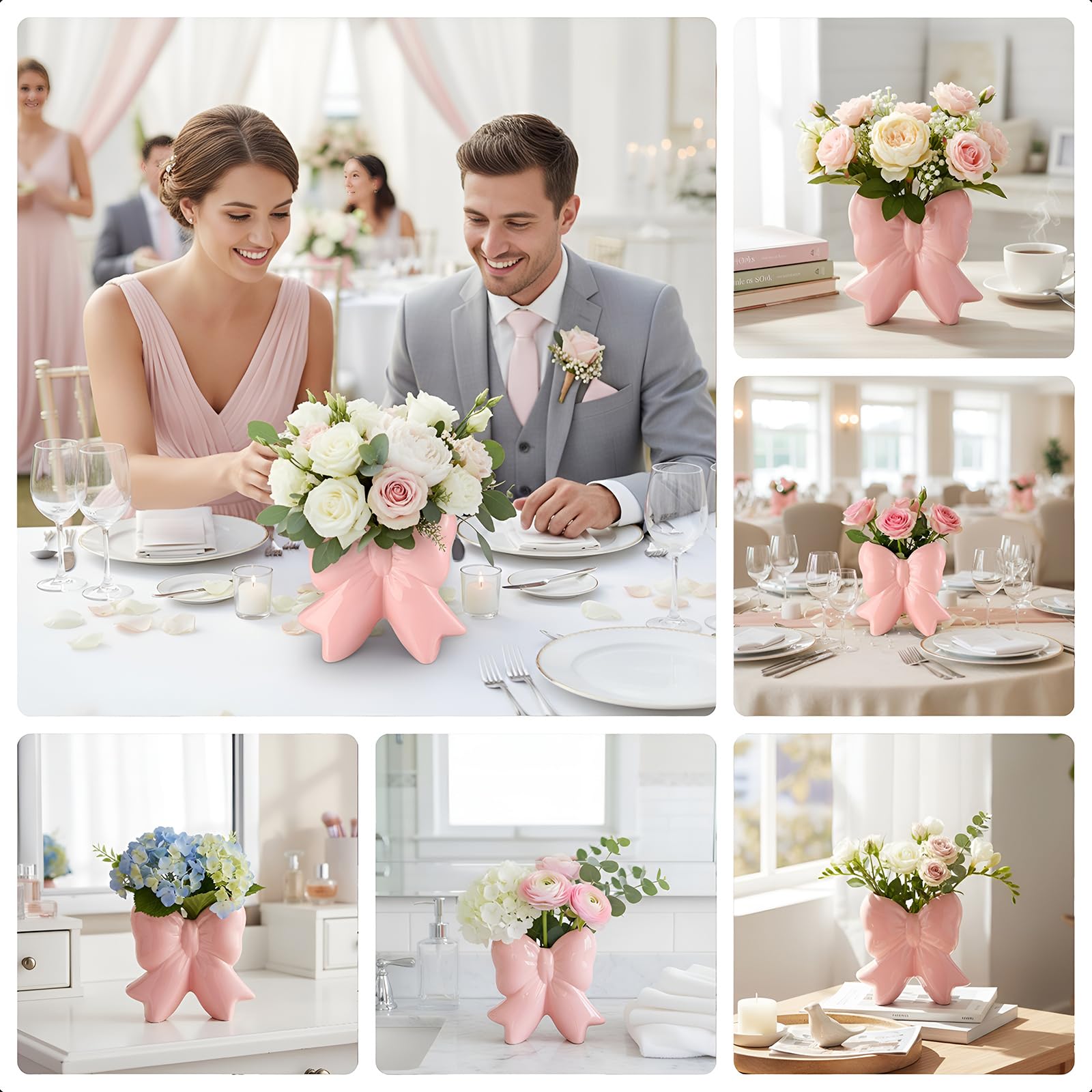 Jingmore Pink Bow Vase Coquette Ceramic Vase Pen Holder 7.09 x 7.09 x 3.35 in Big Makeup Brush Holder Contemporary Design Decora