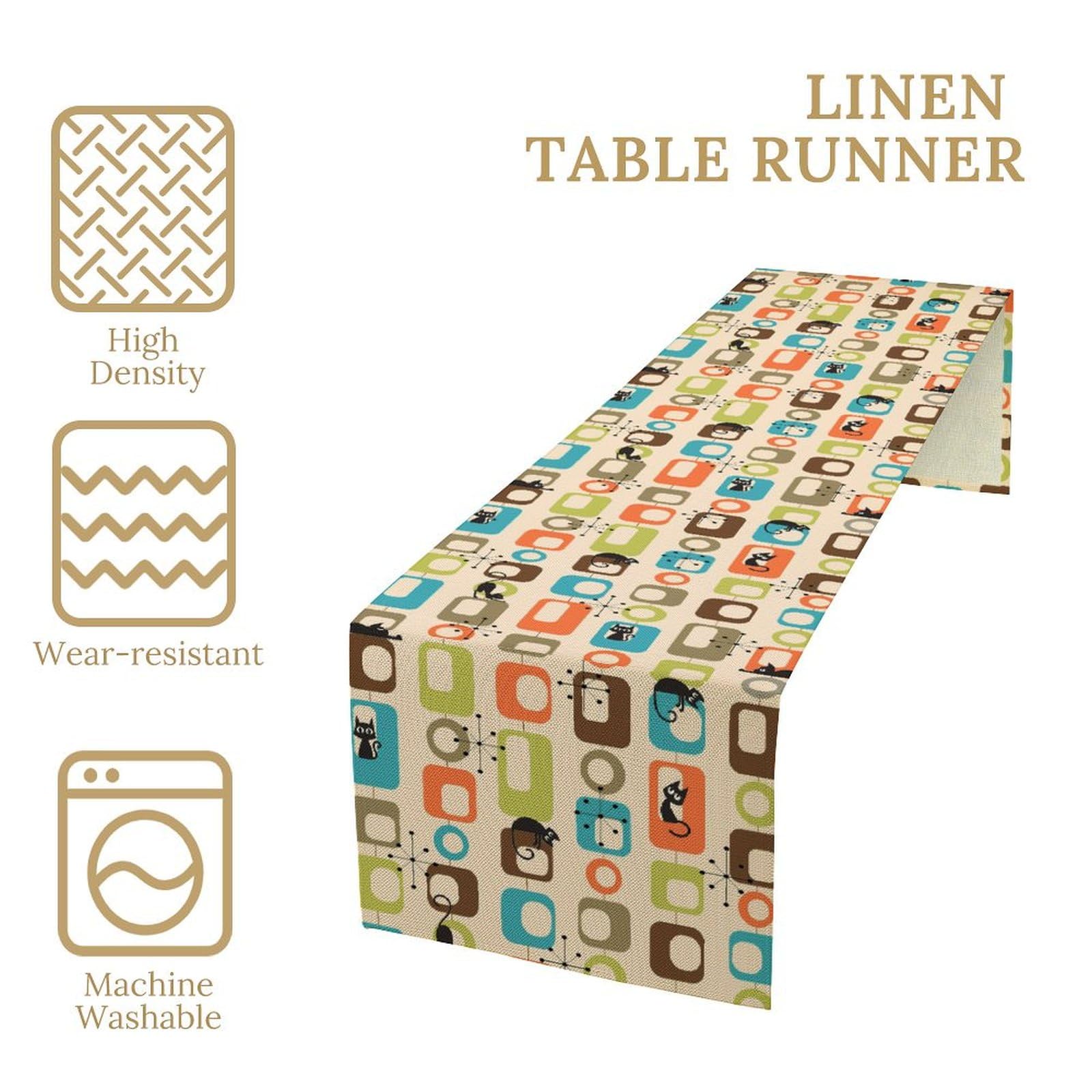 FengMingRui Mid Century Black Cat Table Runne Modern Absctract Geometric Atomic Pattern Funny Cat Dining Table Decoration for Ki