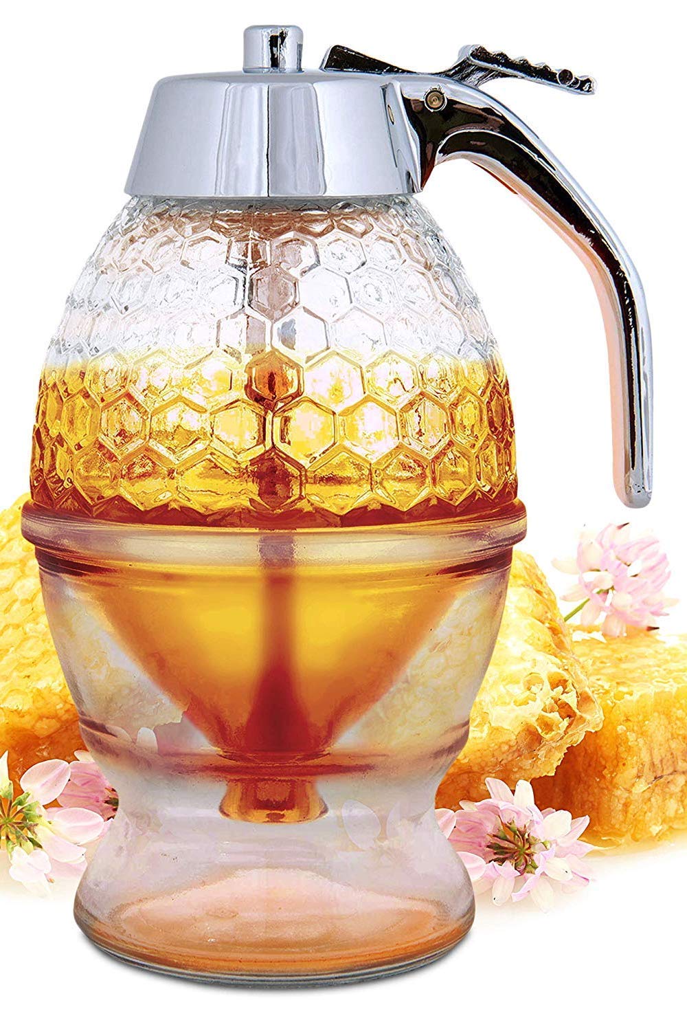 Hunnibi No Drip Glass Honey Dispenser - Beautiful Honeycomb Shaped Pot And Maple Syrup Dispenser - Great Bee Decor And Stand - H