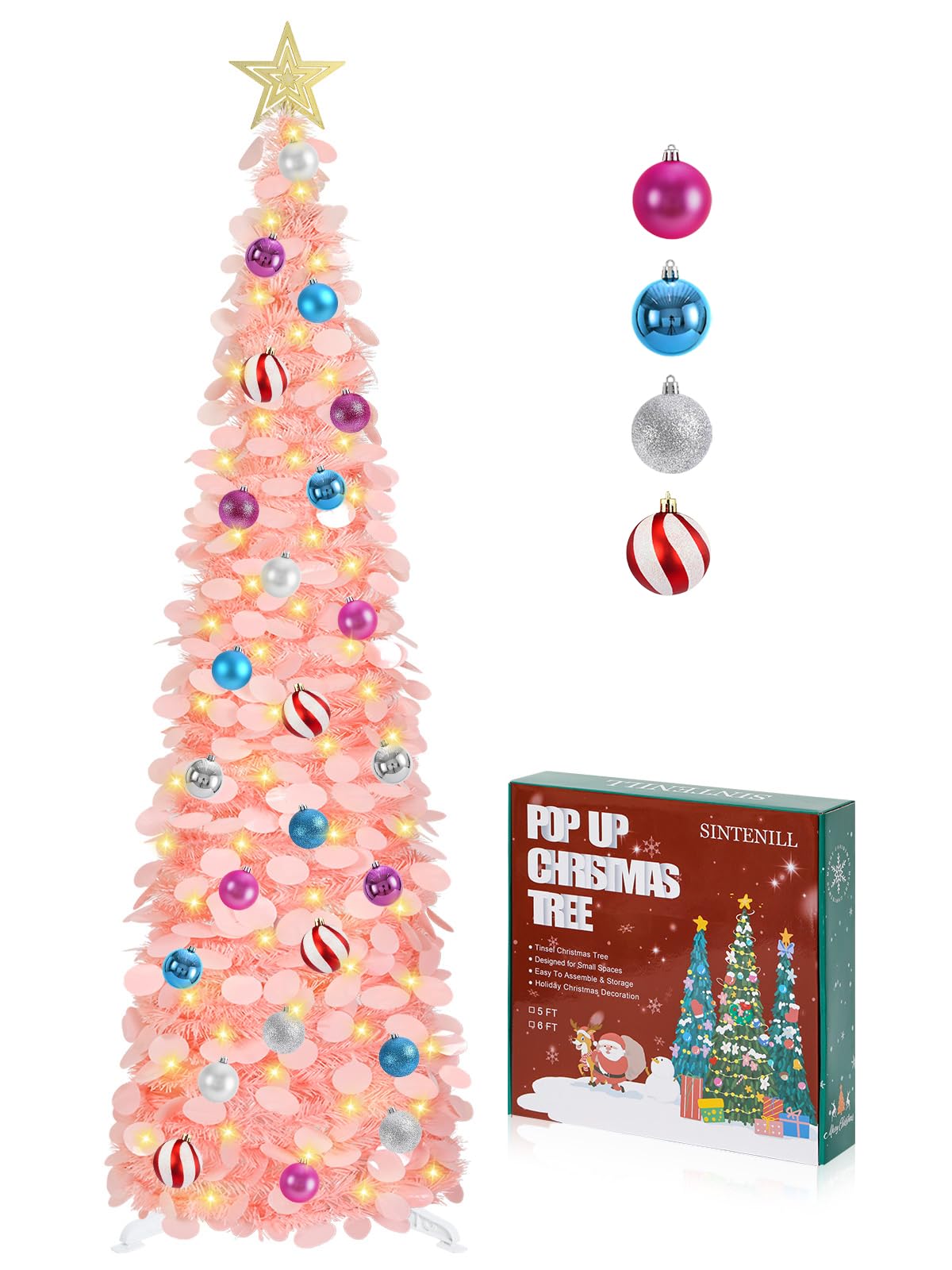 SINTENILL 5 FT Pop Up Christmas Tree with Timer Lights and Decorations, Pink Artificial Tinsel Christmas Tree with 24 Ball Ornam