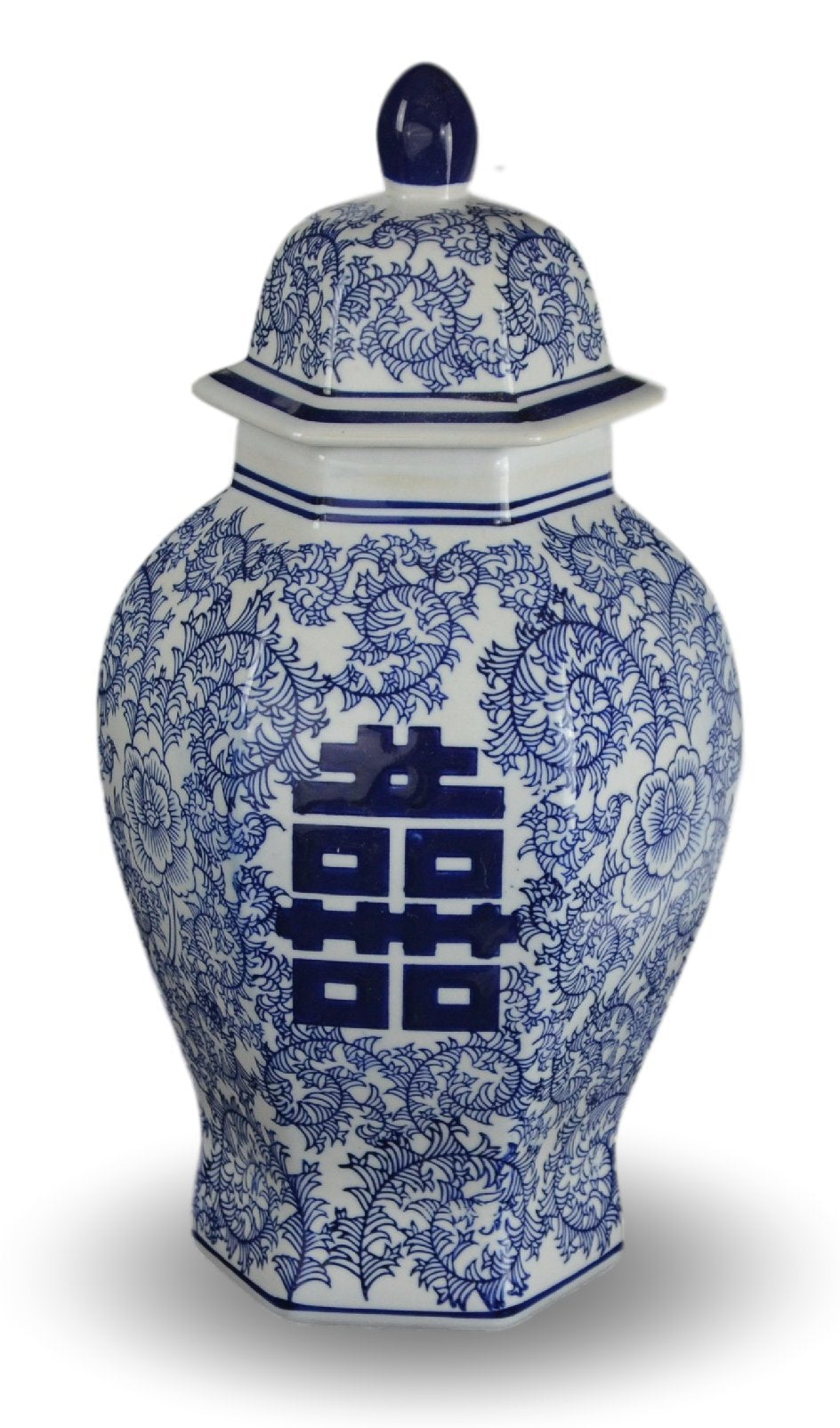 14 Classic Blue and White Porcelain Floral Temple Ginger Jar Vase, China Ming Style, Jingdezhen, Double Happiness