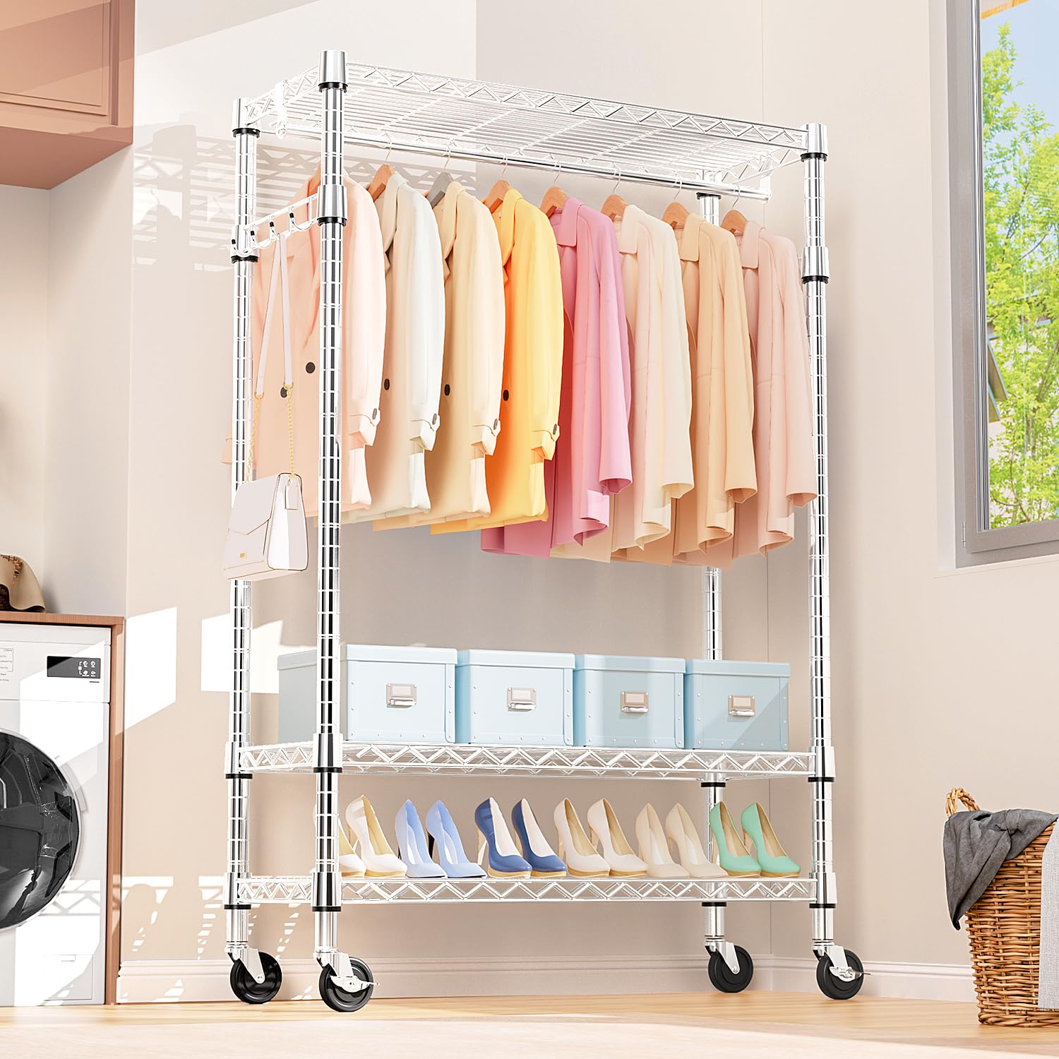Mzg Heavy Duty Rolling Garment Rack 3 Tiers Adjustable Wire Shelving Clothes Rack With Rods And Side Hooks,Storage Closet Clothi