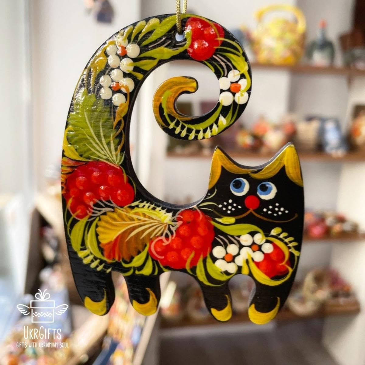 Cat Hanging Christmas tree Decoration Made of Wood Hand-painted on both sides,3,3 ? 2,8 ? 0,2 Inch | 7 ? 8,5 ? 0,5 cm Ukrainian