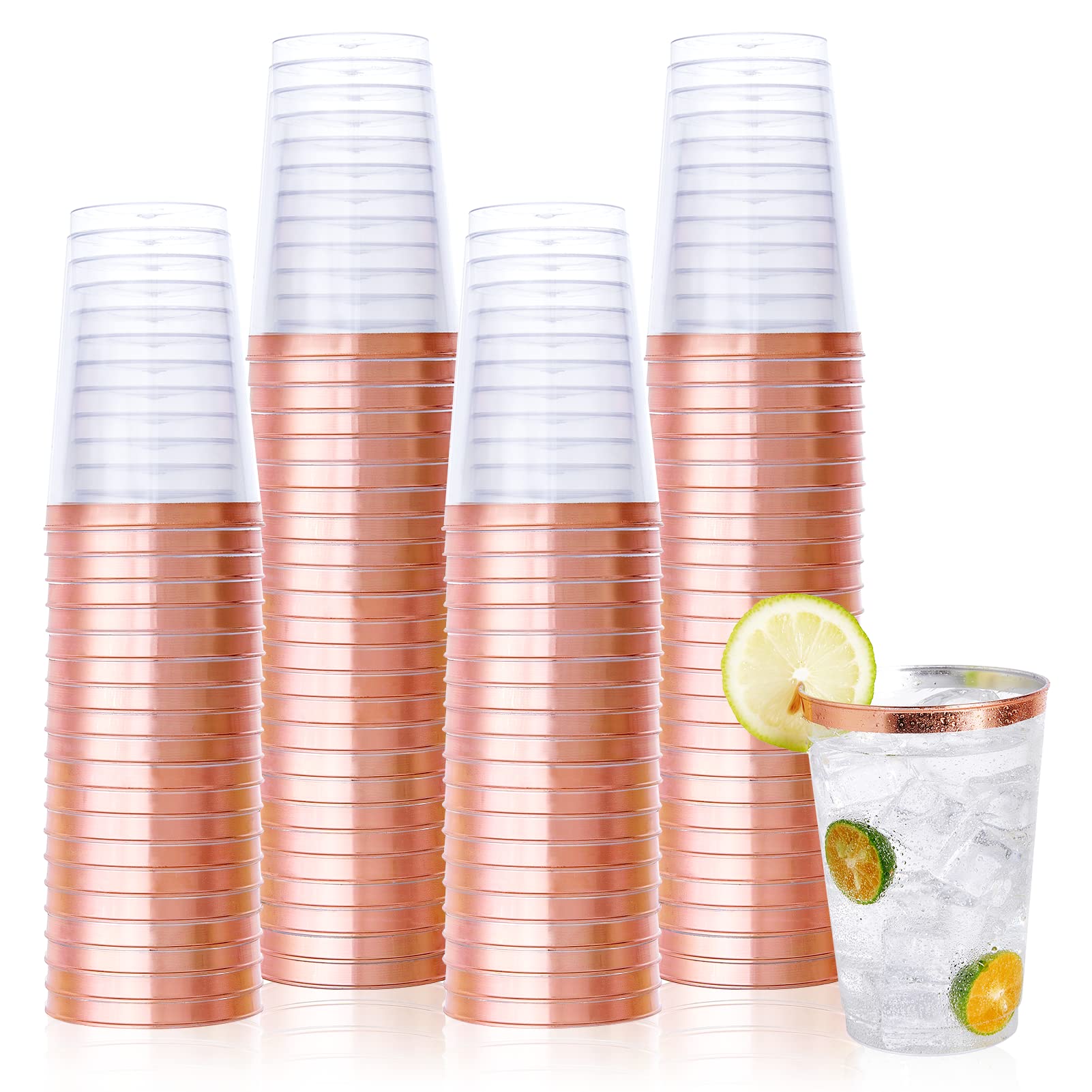 Vplus 150 Pack 12 Oz Rose Gold Rimmed Plastic Cups, Reusable Clear Plastic Cups, Disposable Heavy Duty Plastic Cups Perfect For