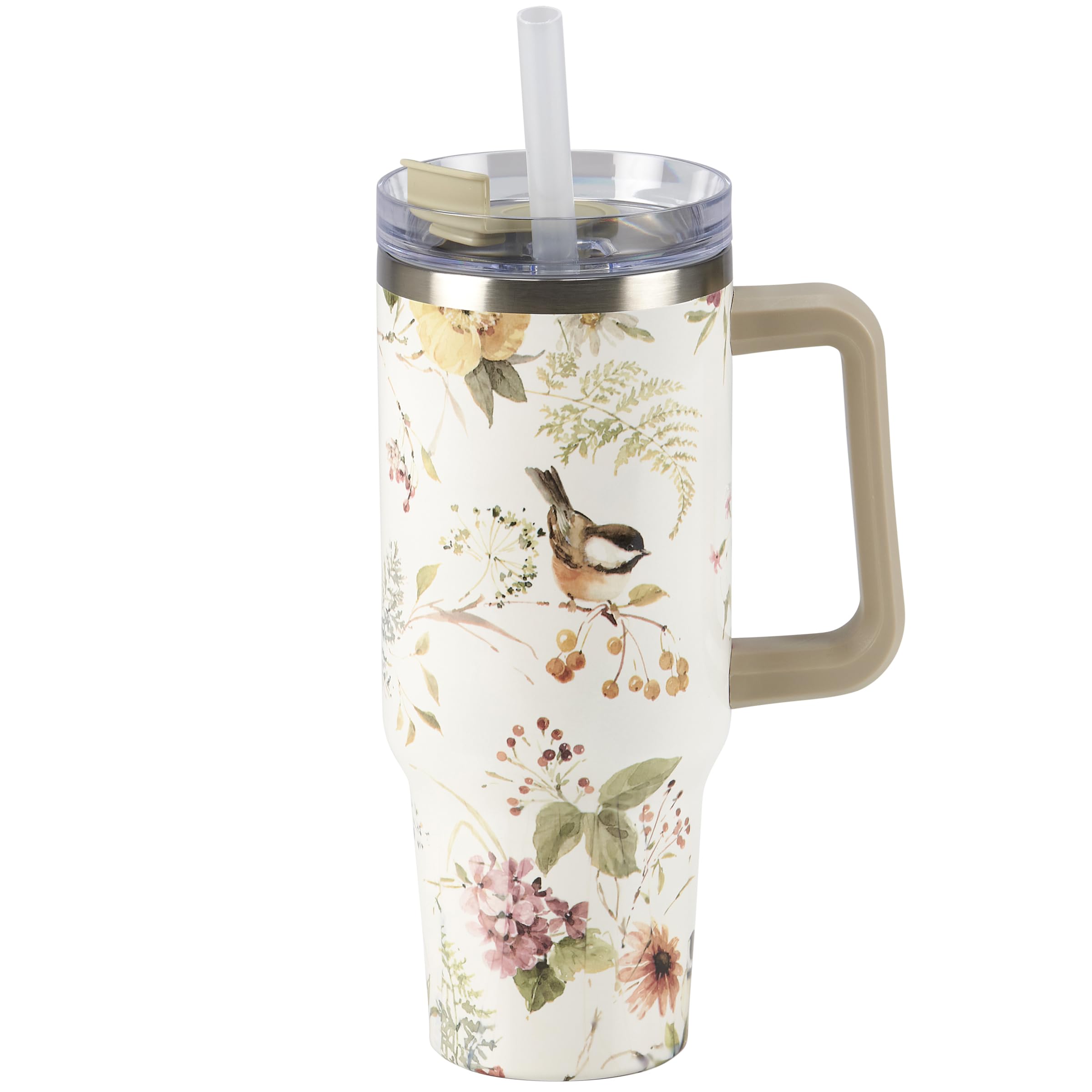 Primitives by Kathy Travel Mug  elegant watercolor design of Chicadees surrounded by Spring Flowers