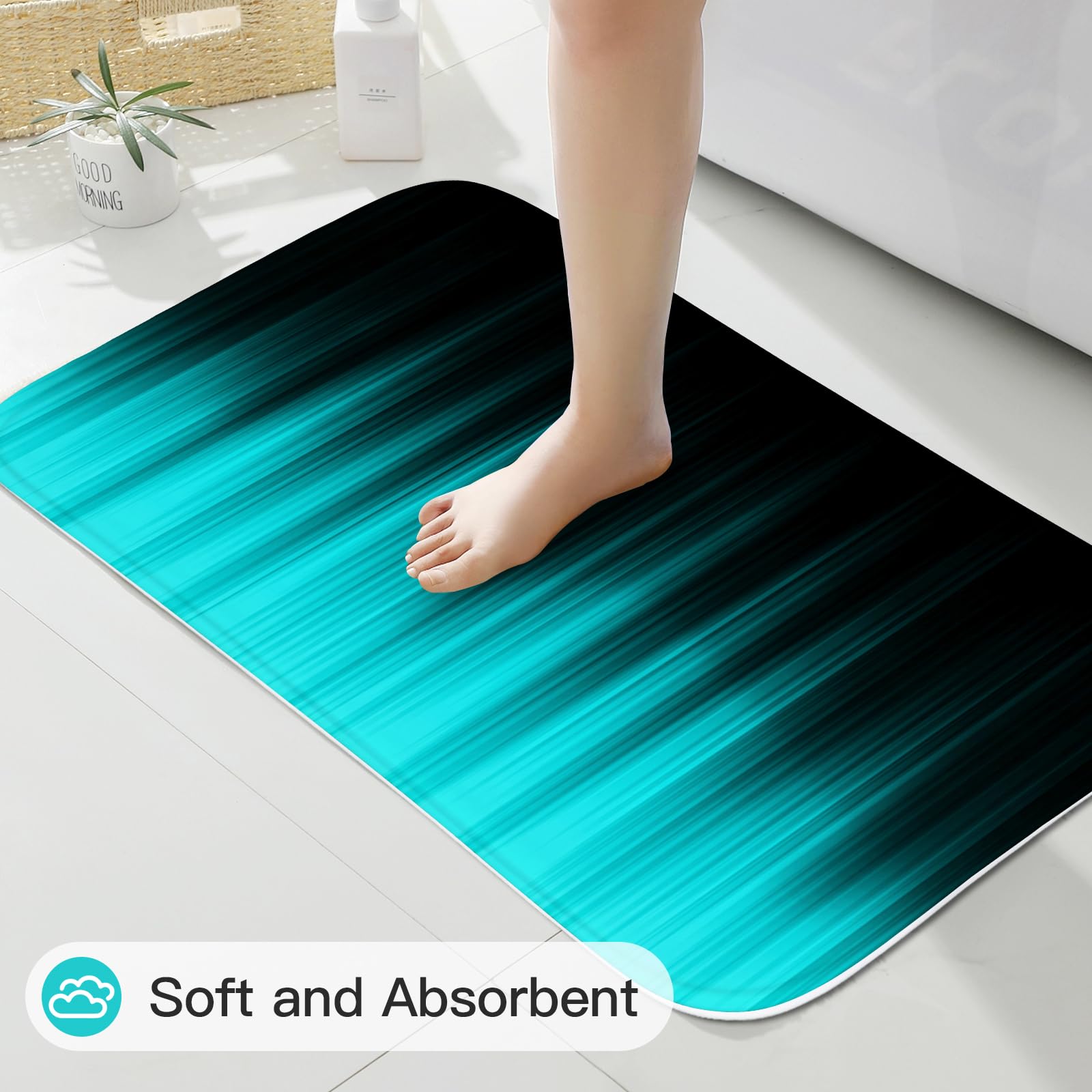 Litabel 4 Pcs Teal And Black Gradient Shower Curtain Set With Rugs And Toilet Lid Cover, Modern Simple Waterproof Fabric Bathroo