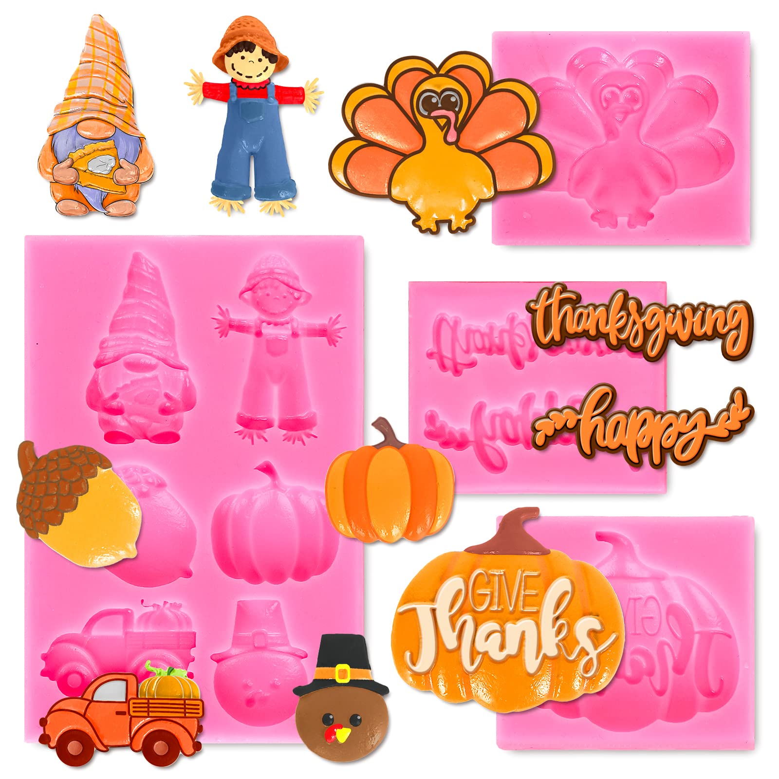 Whaline 4Pcs Happy Thanksgiving Fondant Molds Pumpkin Gnome Silicone Moulds Dwarf Truck Candy Moulds Turkey Scarecrow Cupcake Ba