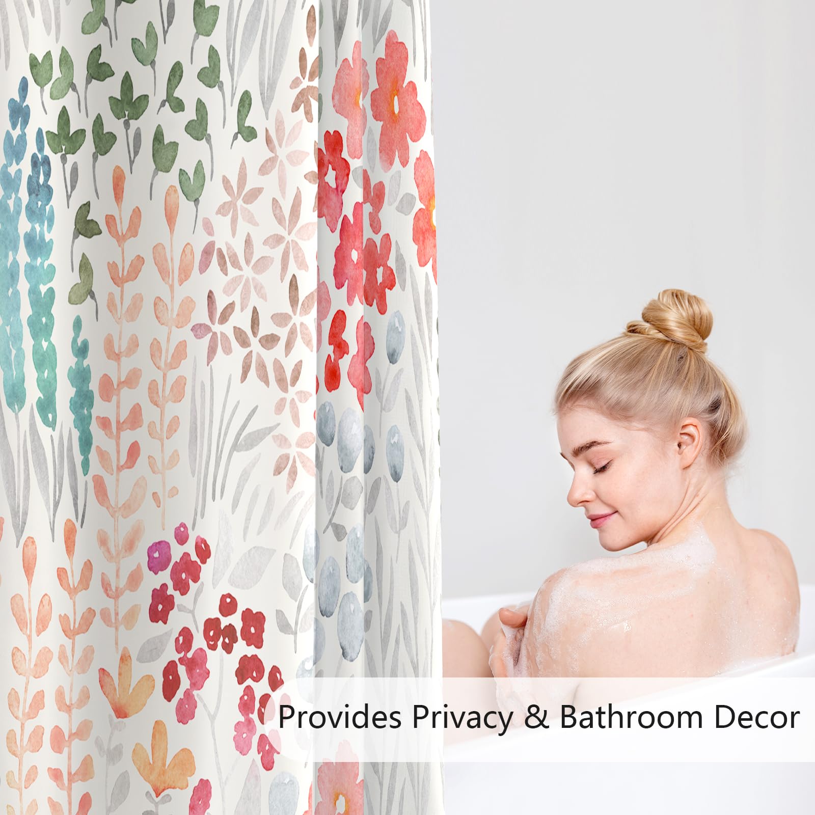 Mayzus Colorful Floral Shower Curtain, Retro Red Teal Flower Fabric Shower Curtain, Cute Funky Watercolor Wildflower Shower Curt