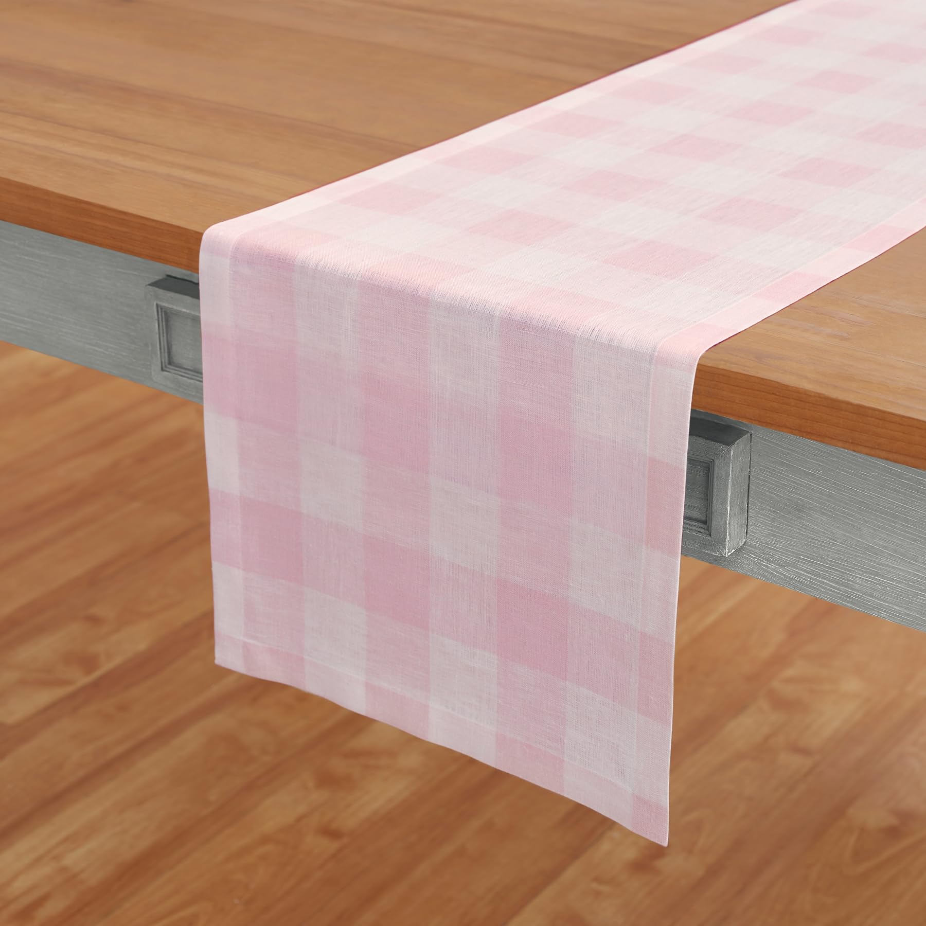 Solino Home Buffalo Check Linen Table Runner 60 Inch - 100% Pure Linen Marshmellow Pink Plaid Table Runner 14 X 60 Inch Ideal Fo