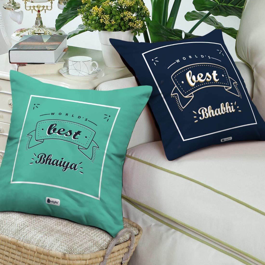 Indigifts Worlds Best Bhaiya and Bhabhi Satin Printed Cushion Cover with Filler 12x12, Rudraksha Rakhi and Lumba Set, Rakhi for