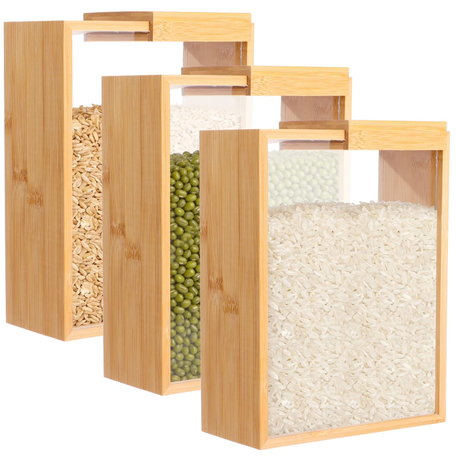 NIMBLOOM 3 Pcs Wooden Cereal Storage Boxes, 8.7 x 6.8 x 3.1 in Dry Food Dispenser with Slide Lid, Visible Window, Wood Food Stor