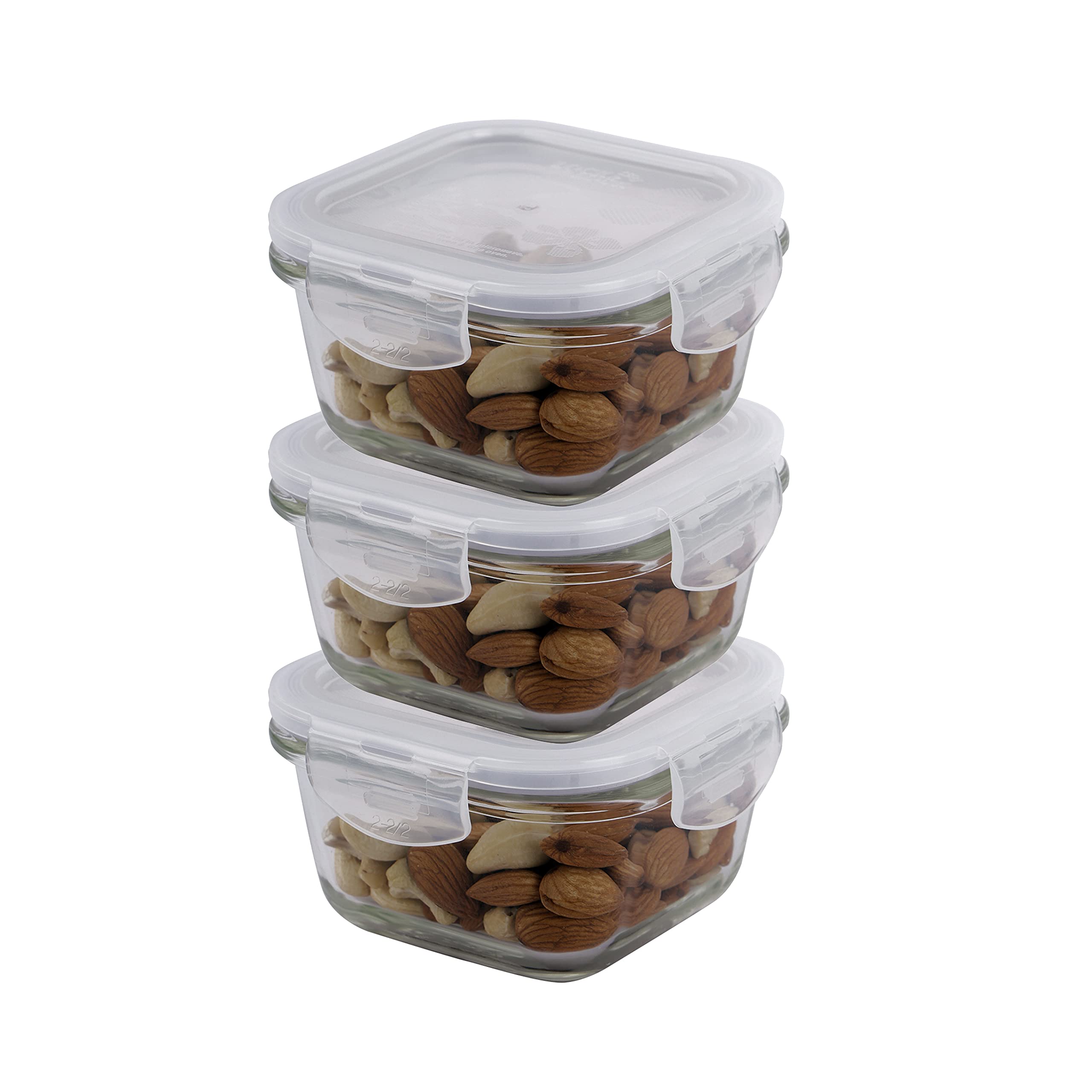 Locknlock Euro Glass Square Food Storage Container, 300Ml, Transparent, Set Of 3 (Llg205) | Superior Borosilicate Glass Containe