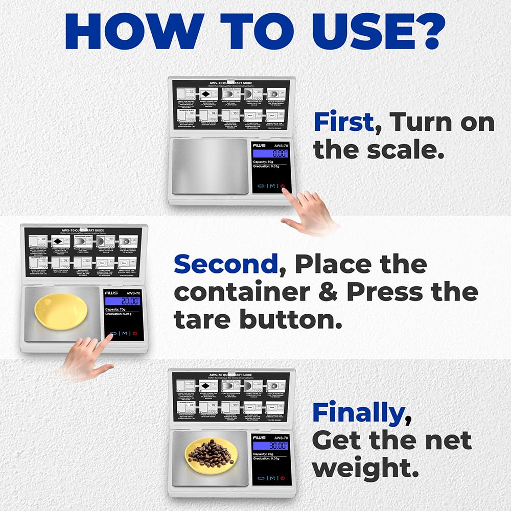 American Weigh Scales Digital Pocket Scale 70g x 0.01g with LCD Display Gram, Ounce, Carat, Grain, High Precision 0.01 g Accurac