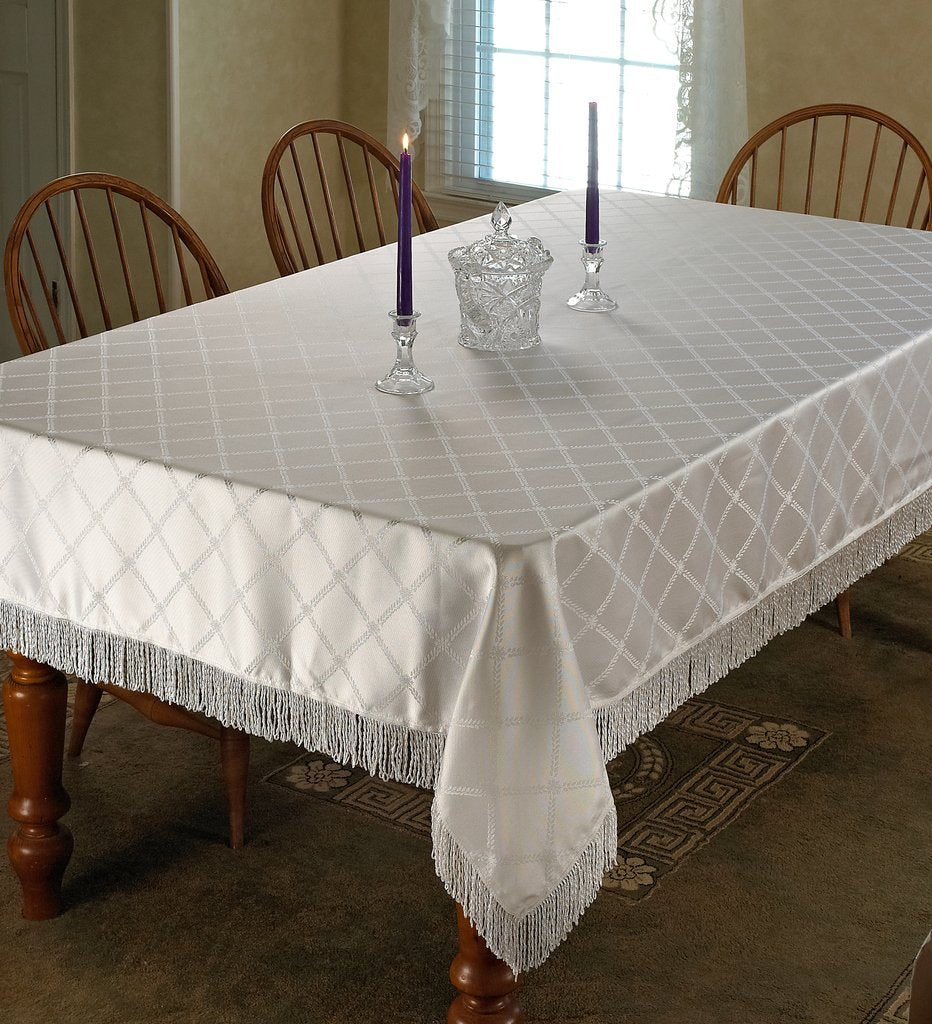 Violet Linen Diamond Damask Design Fringes Tablecloth White 60'' By 140'' Oblong/Rectangle