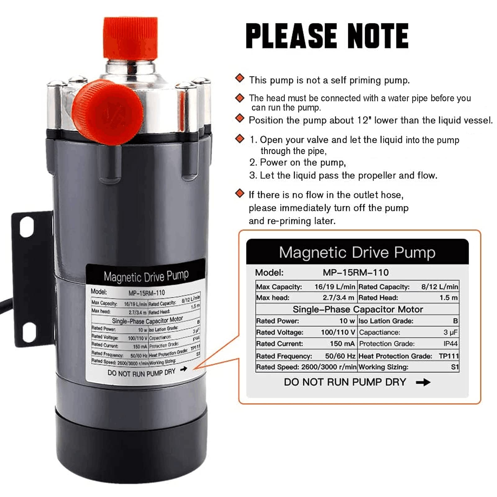 Ferroday Brewing Pump Wort Pump Magnetic Drive Pump Brew Pump Inline Water Pump Food Safe High Temp Pump Stainless Steel Head 15