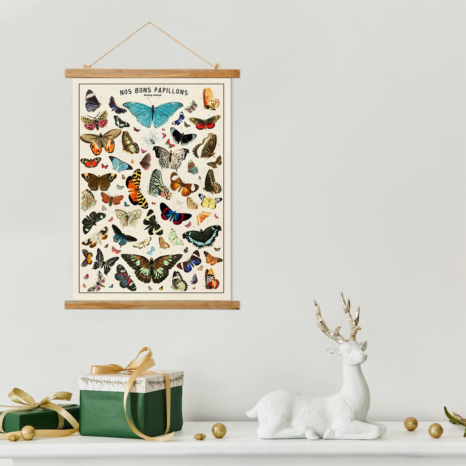 Ovfovy Vintage Butterfly Poster Hanger Frame, Aesthetic Wall Art Prints, Printed On Linen With Wooden Frame, Retro Texture Room