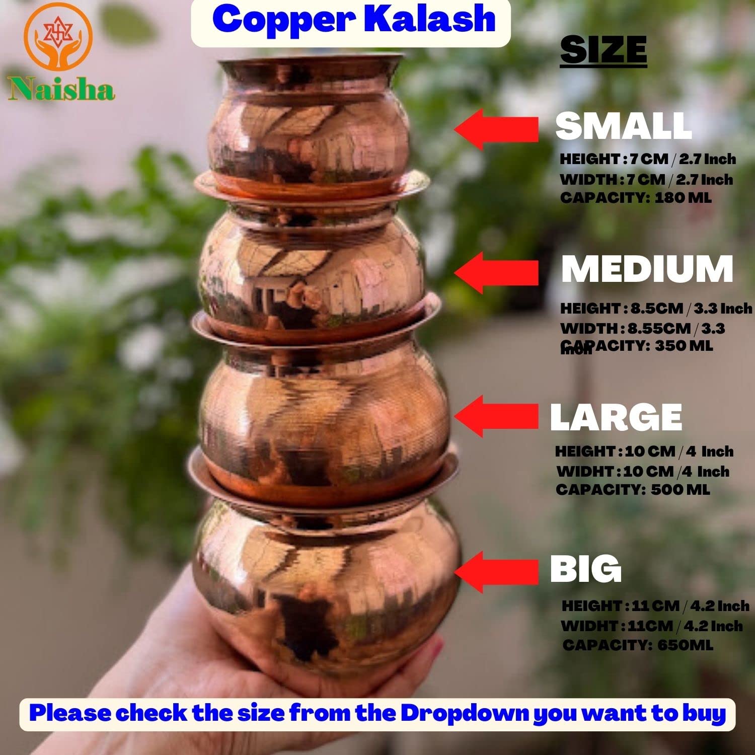 NAISHA Indian 100% Copper Kalash, Lota for Puja Wedding Purpose Temple Decoration 180 ML (7 cm, Height)